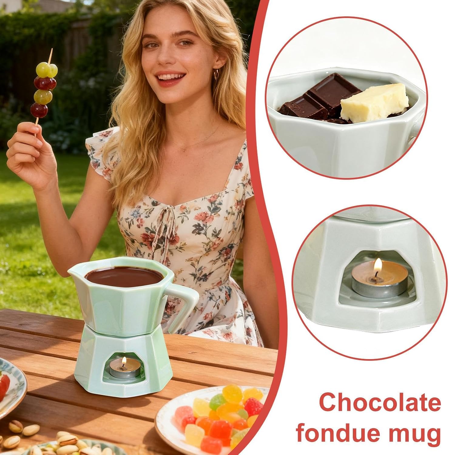 Ceramic Chocolate Fondue Mug, Butter Warmer and Even Heating Chocolates Cup for Birthday Christmas Holiday Party Home Office Apartment Perfect for Cheese, Sweet Snacks, or Chocolate Desserts