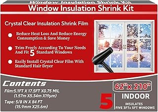 Indoor Window Insulation Kit, Clear Window Film Keeps Cold Drafts Out and Warm Air in (5W(62x210IN))