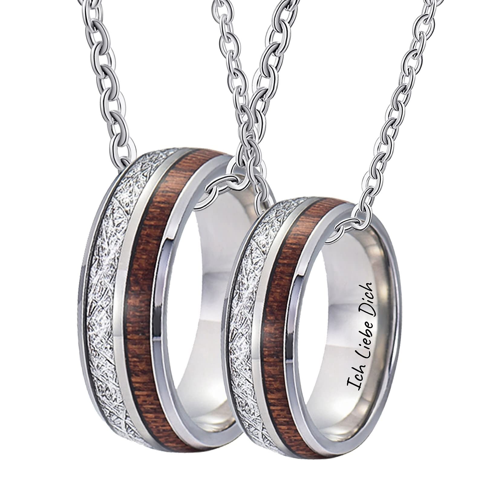 KnSam Ketten Paare 2 Stück aus Wolfram, 8MM Ring Anhänger Holz Kohlefaser Gravur Ich Liebe Dich Pärchen Halskette, Silber, Damen 54 Herren 62, 60cm & 50CM Länge