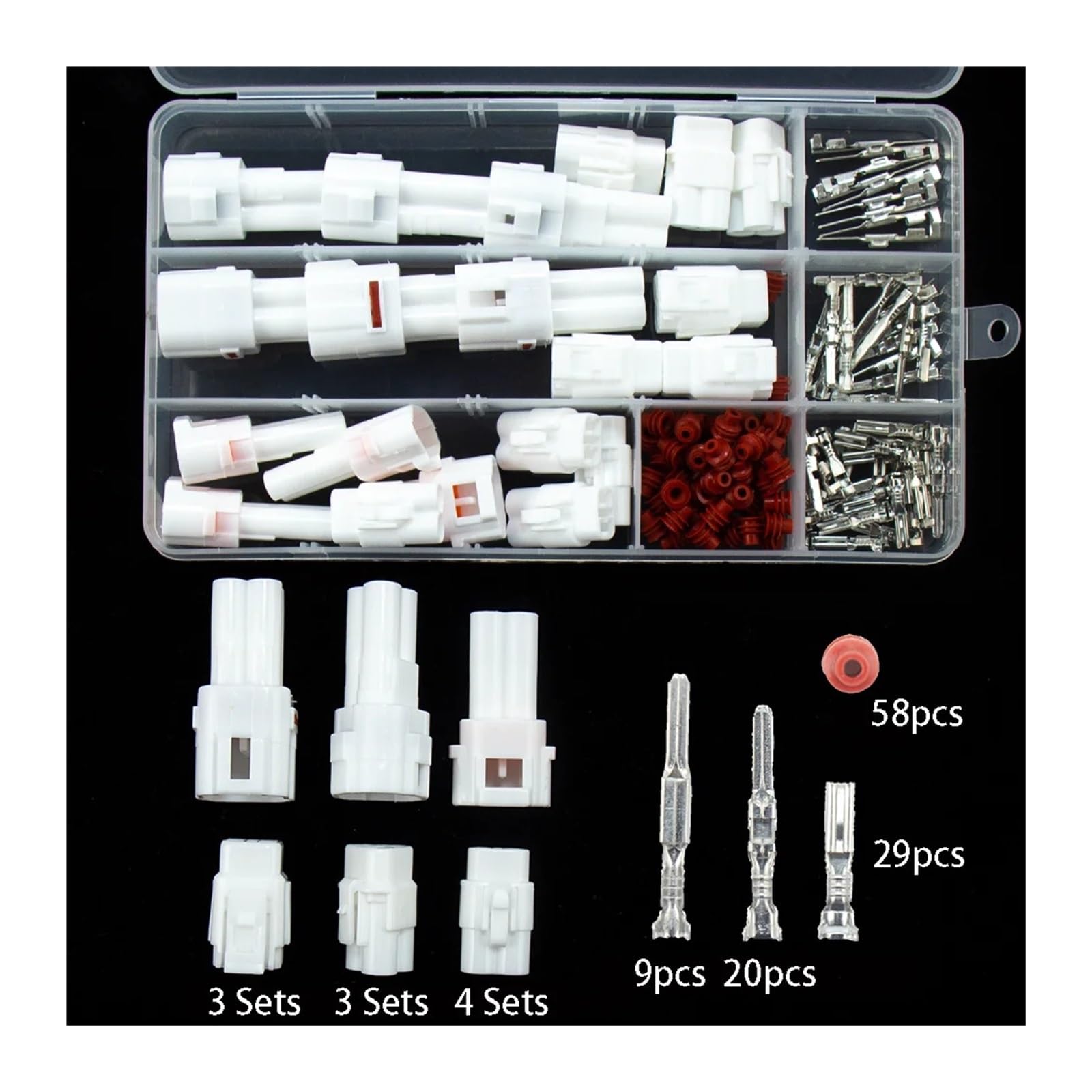 Juego de 30 conectores de cableado for automóvil, 2 pines, 3 pines, 4 pines, enchufe de cable eléctrico for motocicleta, Kit de Terminal macho hembra sellado automático a prueba de agua(E 136pc