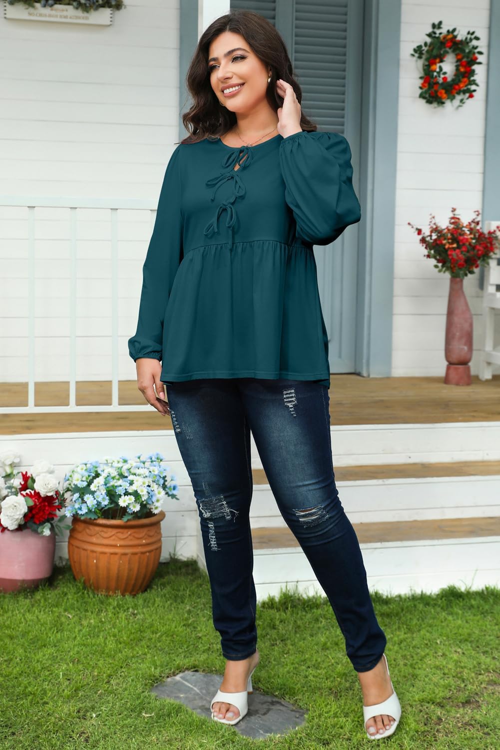 AlvaQ Womens Plus Size Tops Fall Fashion Bow Tie Front Puff Sleeve Crewneck Babydoll Peplum Blouses Shirt L-4XL - Image 5