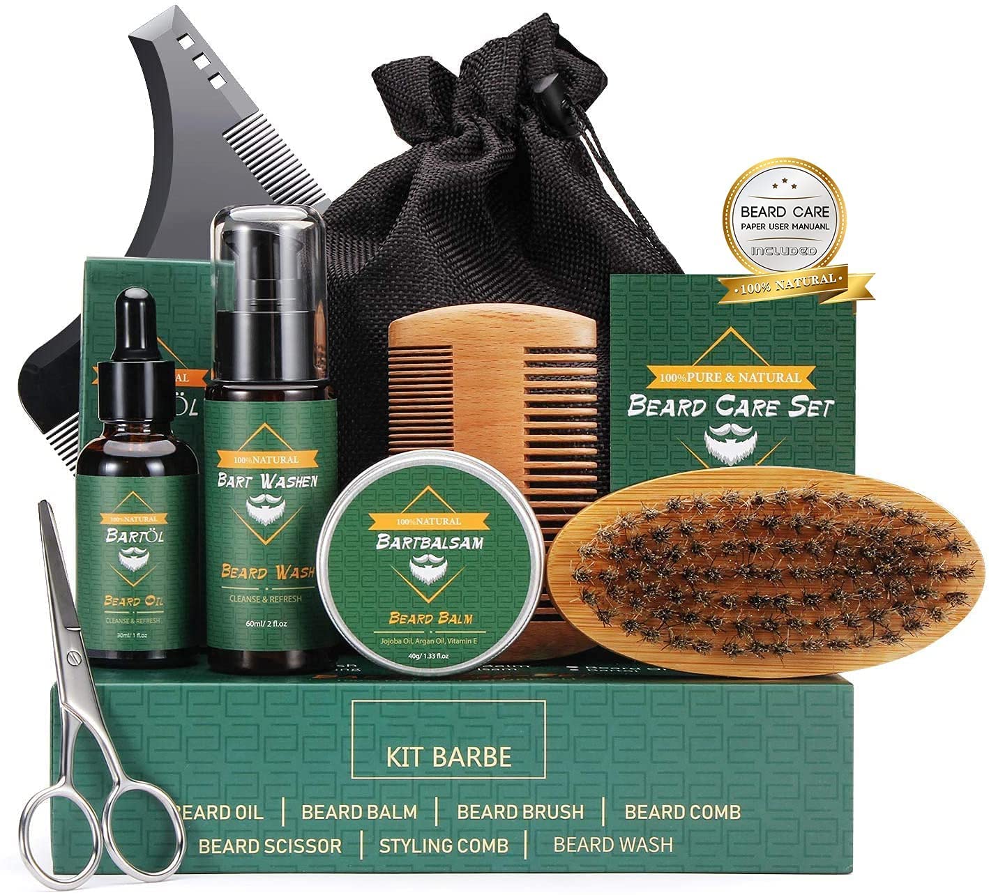 Kit Cuidado Completo para Barba de Hombres, con Champú, Aceite, Bálsamo, Cepillo, Peine, Tijeras, Bolsa de Viaje, Regalos para Papá, Novio, Caballero