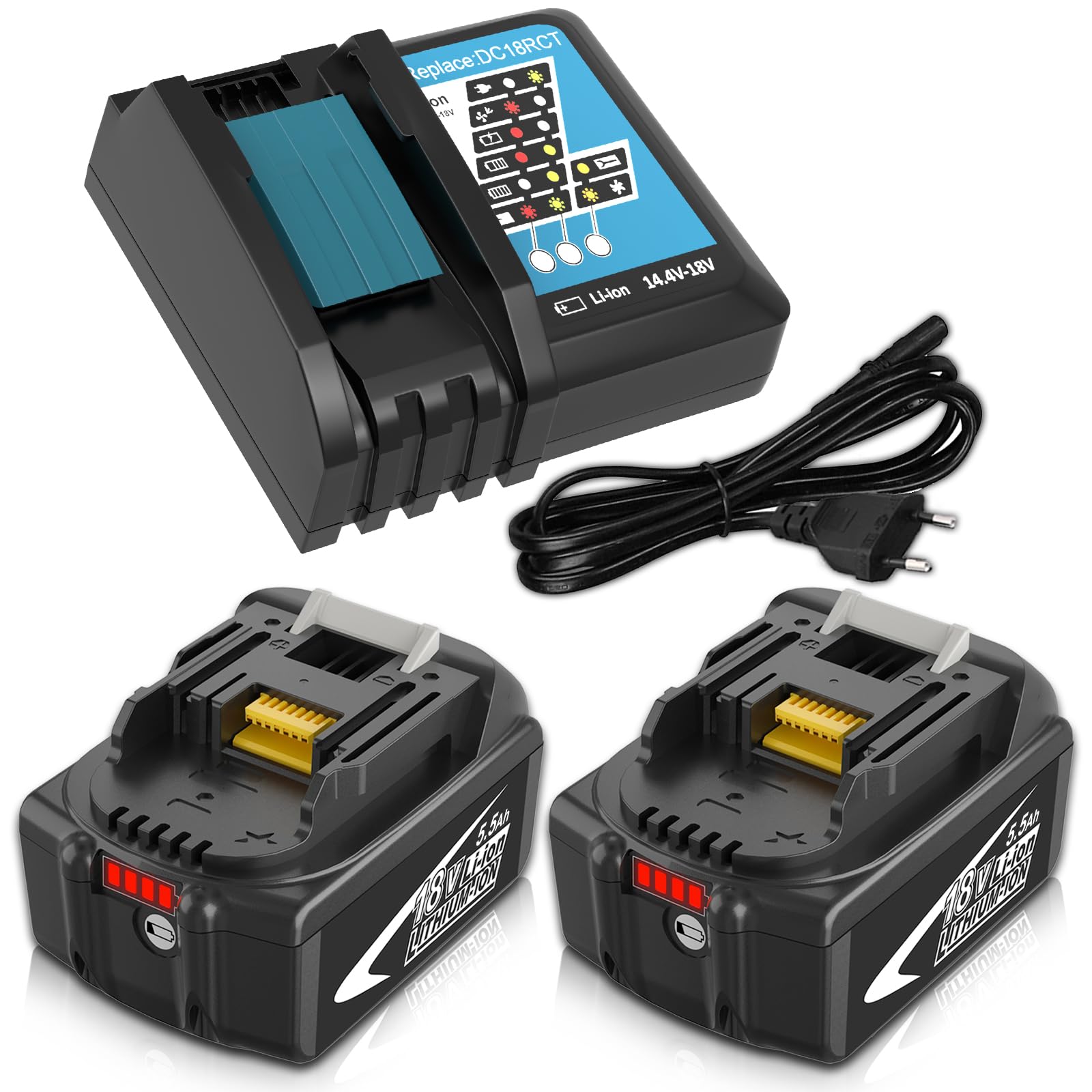 18V 5,5Ah BL1850B Sostituzione per Makita batteria+ caricabatteria, compatibile per Makita 14,4V~18V BL1860B BL1850B BL1840 BL1430 BL1415 e caricabatteria DC18RA DC18RCT DC18R (blue+black)