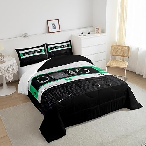 Miniatura 4 de Erosebridal Juego de ropa de cama de casete de audio retro negro, juego de edredón con tocadiscos de música, color verde, relleno de edredón de
