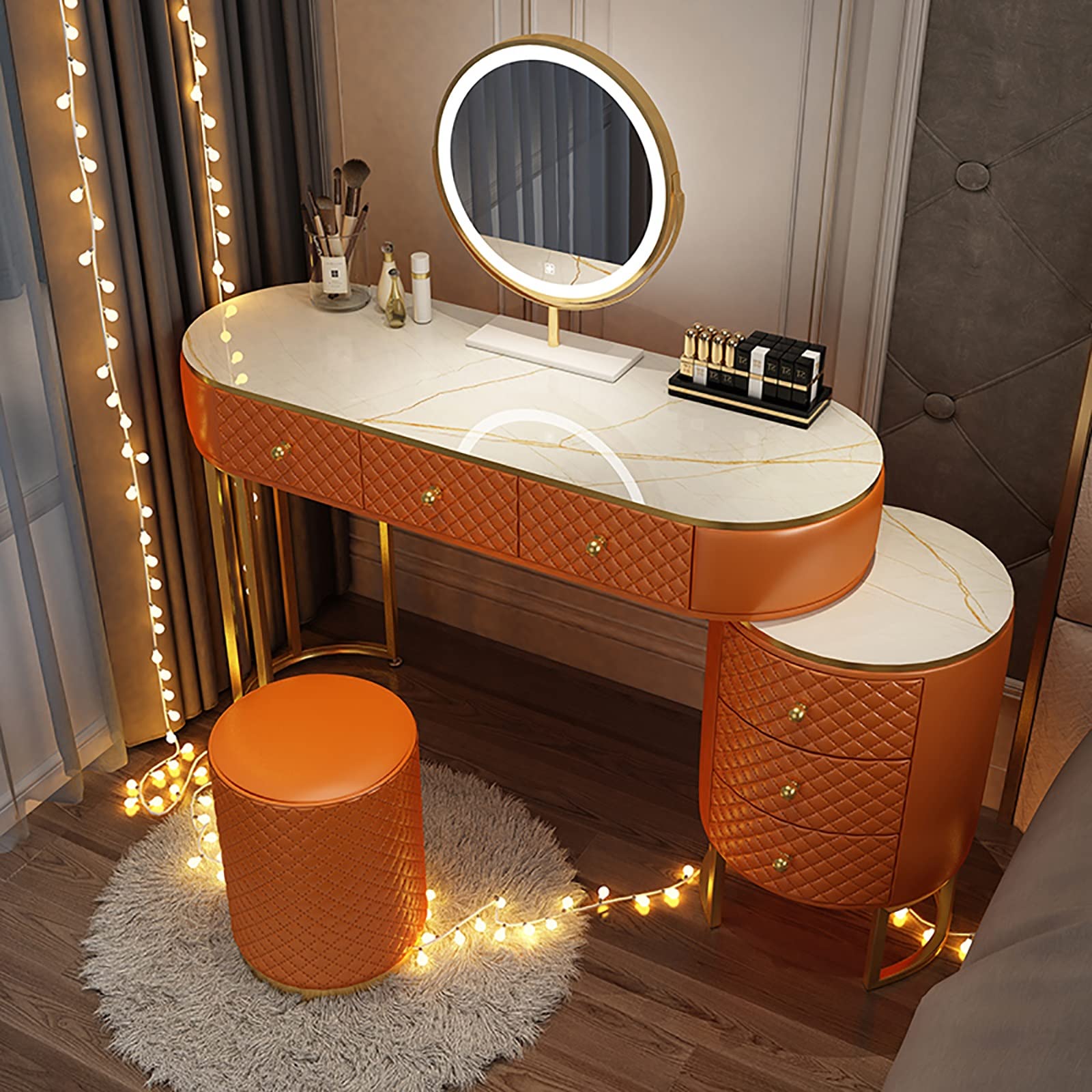 Corner Makeup Table Set Makeup, Women Dresser Table Vanity with 5-6 Drawers, Vanity Dressing Table with 360° Rotating Mirror, Makeup Vanity Benches Vanity Desk with Retractable Design, for Her ( Color
