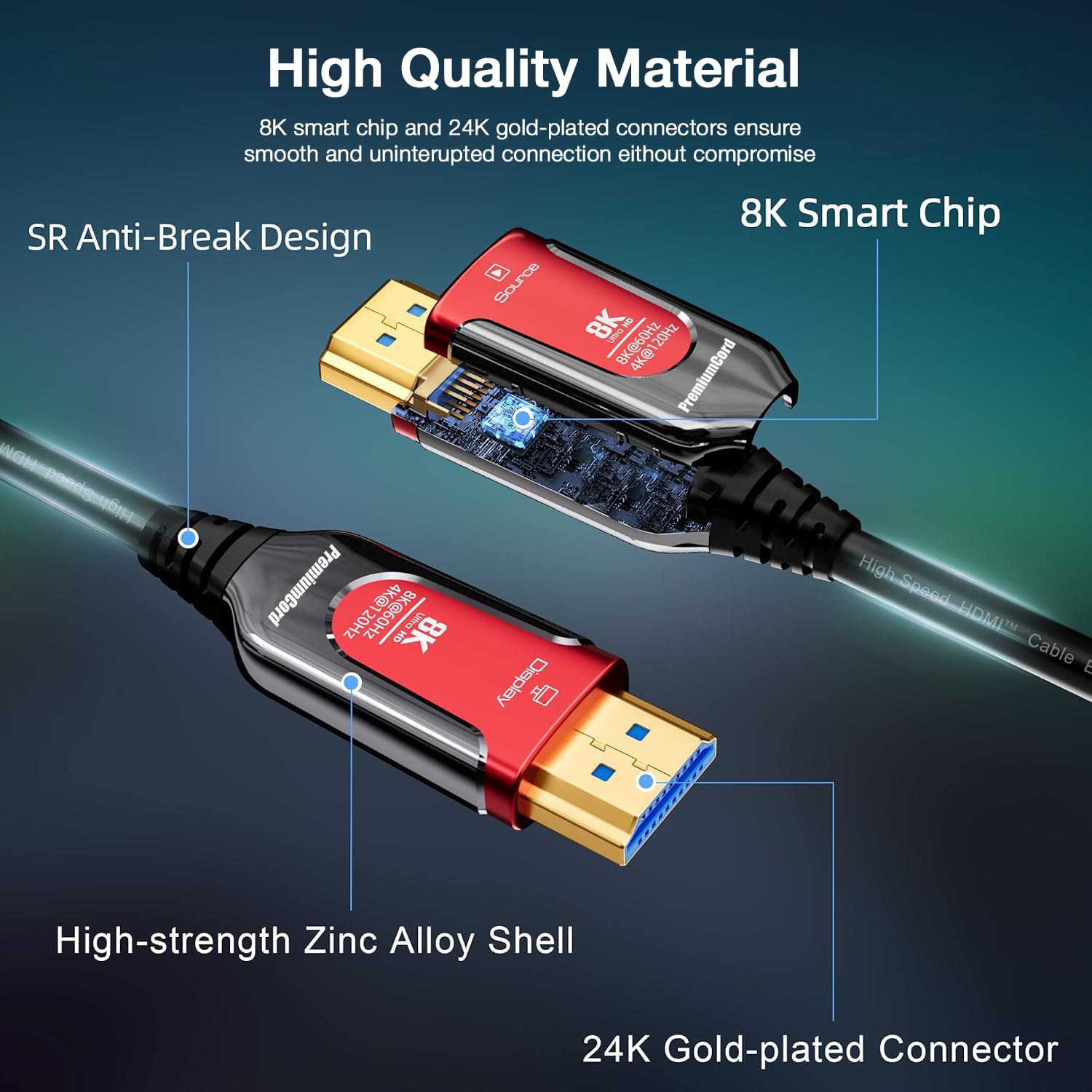 PREMIUMCORD 8K Cable de Fibra Óptica HDMI 2.1, Ultra Alta Velocidad 48 Gbit/s, 3D, EDID, eARC, HDR, Resolución 8K@60Hz 4320p, 4K@240Hz, Compatible con PS5, Xbox X, PC, TV, Chapado en Oro, Longitud 25m