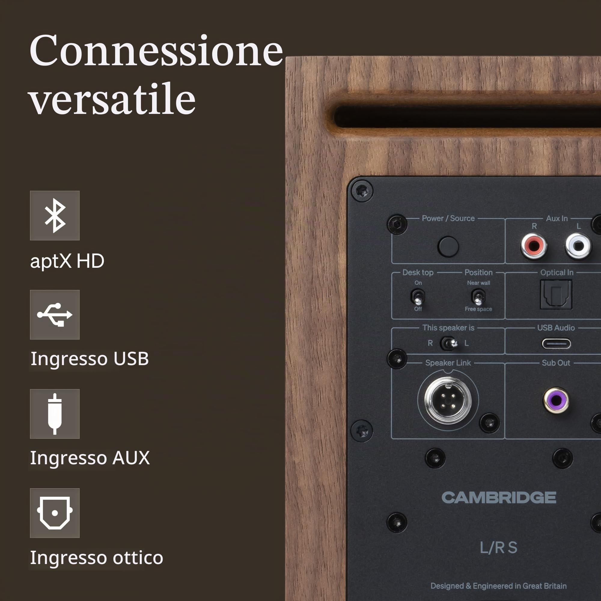 Cambridge Audio L/R S - 100W Diffusori Stereo Attivi Compatti con Bluetooth aptX HD, USB Audio, Ingressi Aux & Ottico, Uscita Subwoofer, Telecomando, Room Positioning, DynamEQ – Noce