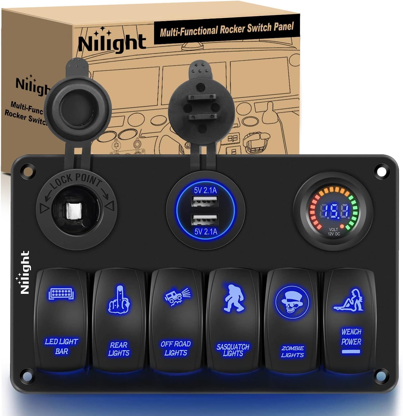 Nilight 6 Gang Rocker Switch Panel Laser Etched Aluminum LED Light Bar with Cigarette Lighter and Dual USB Charger Voltmeter for 12V-24V Cars Trailers UTV Boats RVs Campers