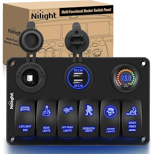 Nilight 6 Gang Rocker Switch Panel Laser Etched Aluminum LED Light Bar with Cigarette Lighter and Dual USB Charger Voltmeter for 12V-24V Cars Trailers UTV Boats RVs Campers