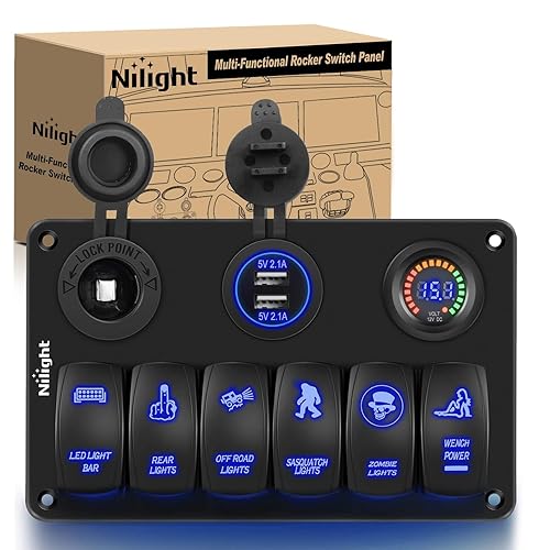Nilight - Panel de interruptor basculante de 6 bandas con grabado láser en aluminio, barra de luz LED con encendedor de cigarrillos y cargador USB