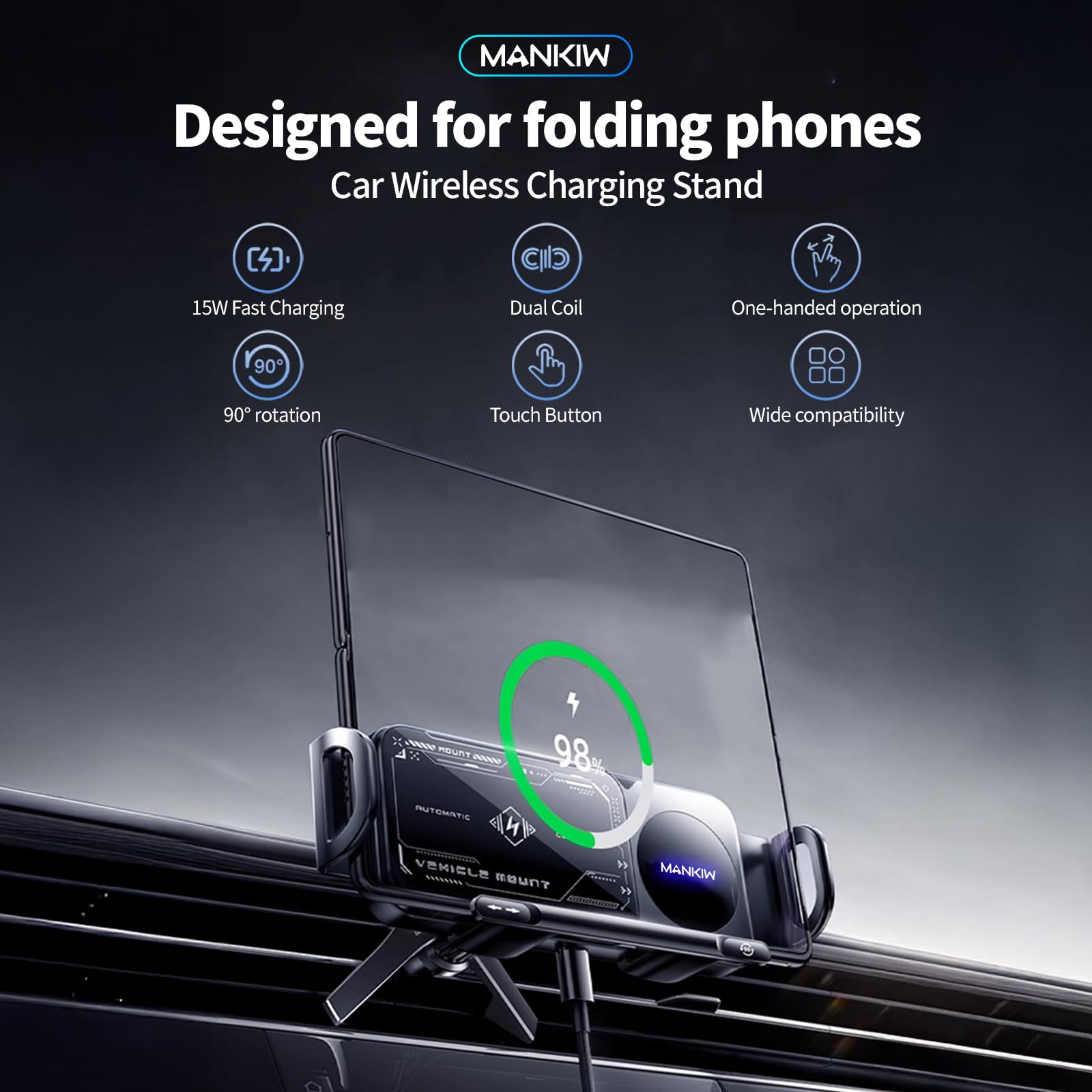 MANKIW Cargador Inalámbrico Coche, Soporte Móvil Carga Rápida,Rotación de 90° Soporte Movil Coche Compatible para iPhone 17 Pro Max/16/15/14/13, Galaxy S24 Ultra/S23