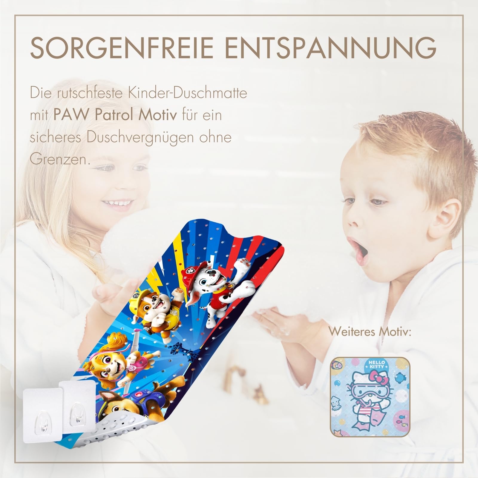 PAW Patrol rutschfeste Badematte für Kinder - Anti Schimmel Badewanneneinlage Fans, antibakteriell, mit Saugnäpfen, Aufhängern und Ablauflöchern, 100x40cm
