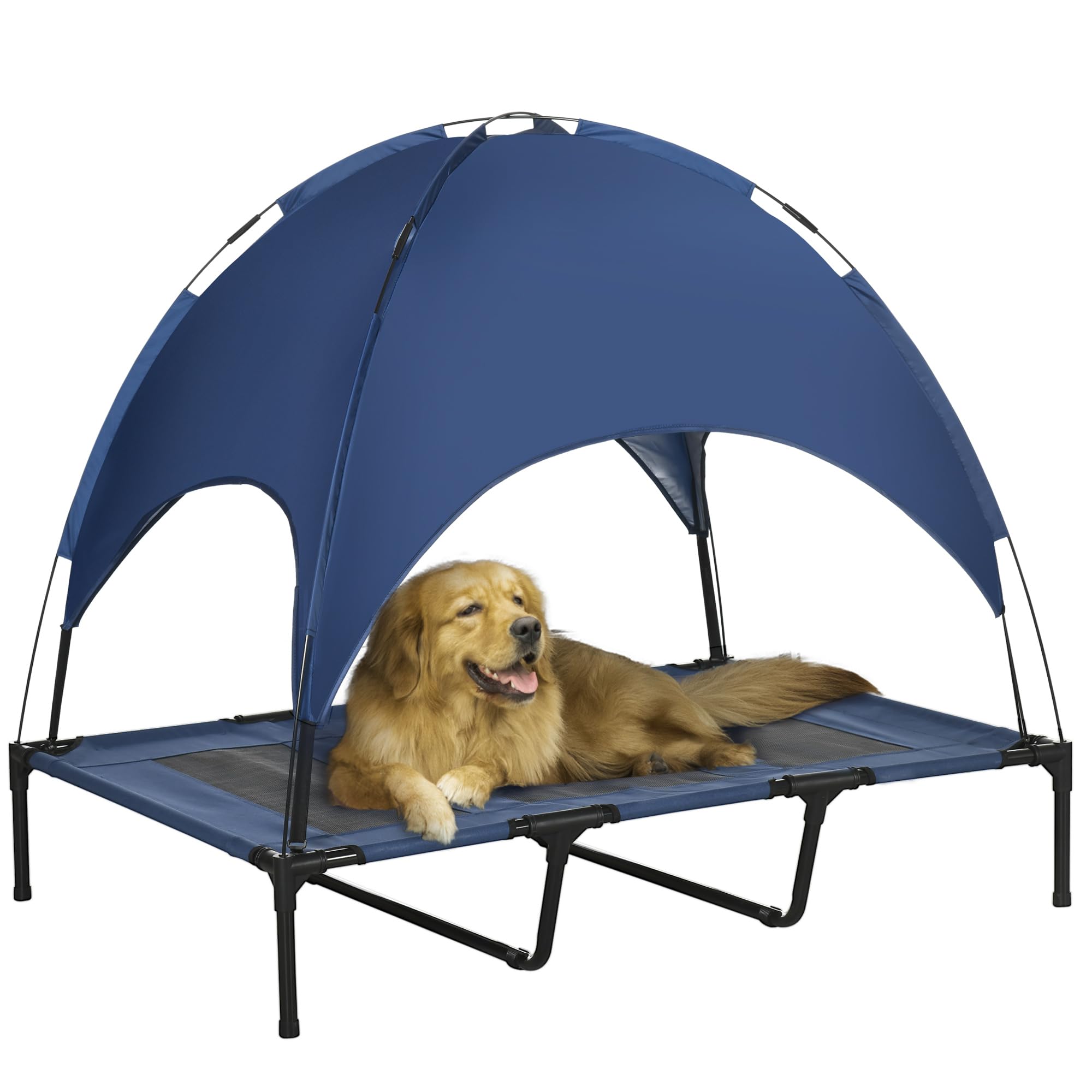 Pawhut Cama para mascotas con dosel, cama elevada para perros con techo, cama de malla para mascotas con protección UV, para perros medianos, azul oscuro 122 x 92 x 108 cm