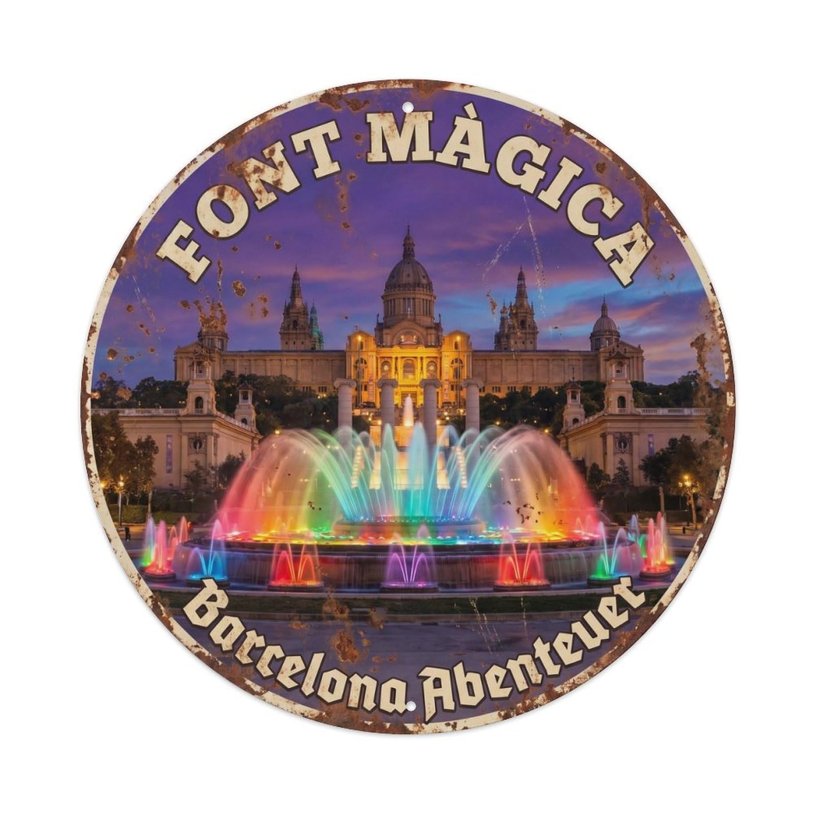 Vintage Travel Montjuic Fountain Barcelona Spain Metal Tin Sign Plaque