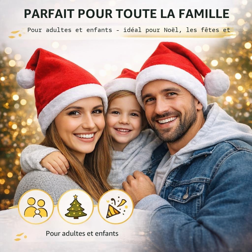 Lot de 2 bonnets de Noël rouges - Taille unisexe - Bonnet de Père Noël rouge - Pour Noël, fête de Noël et marché de Noël - Adultes et enfants