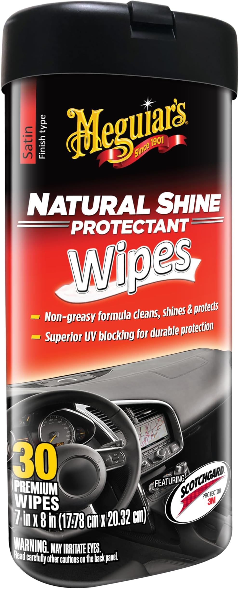 Natural Shine Protectant Wipes - 30 Full Size Car Care Wipes Clean and Protect Vinyl, Rubber, and Plastic Surfaces - Streak-Free Wipes with UV Protection and Leave a Satin, Non-Greasy Shine