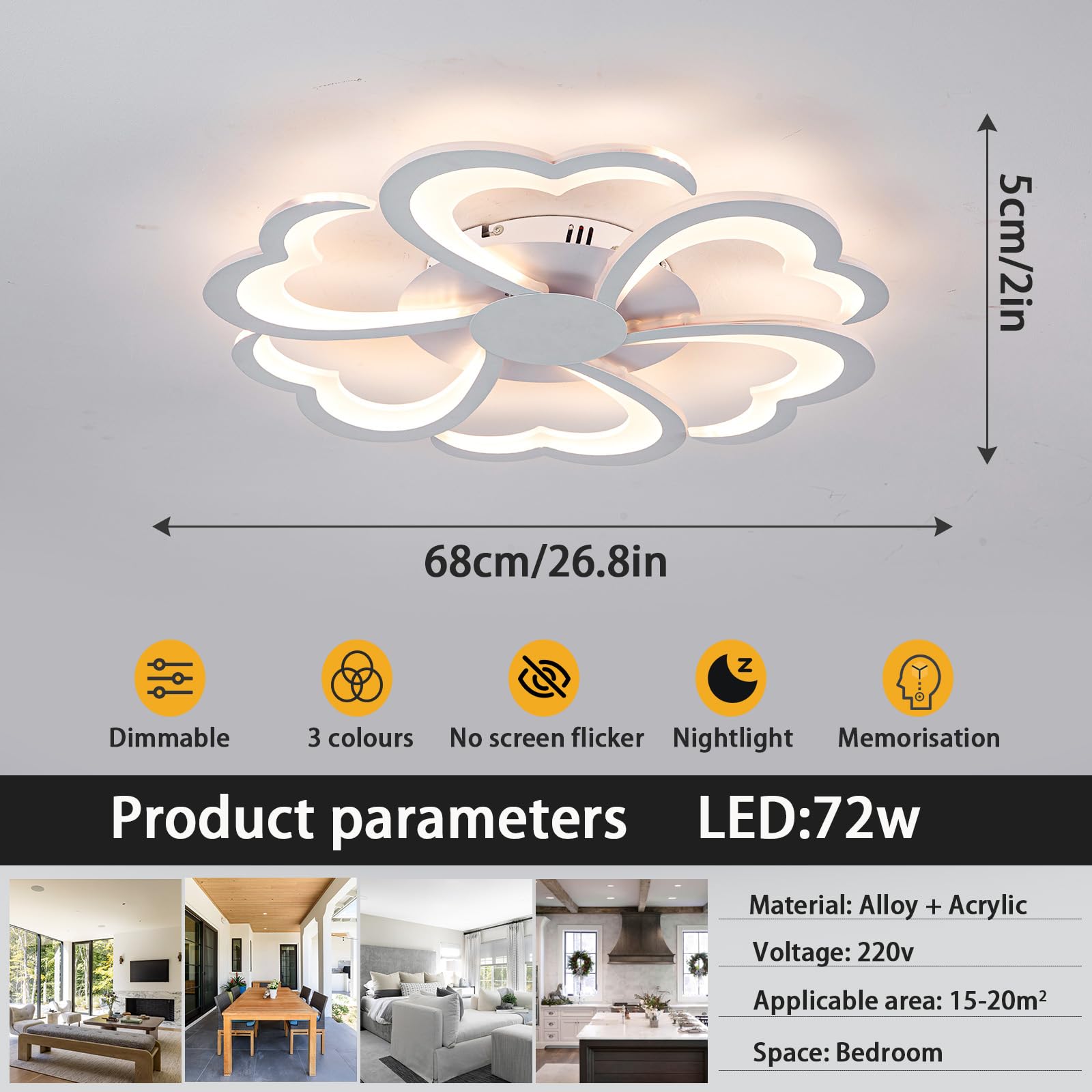 7200 Lumenów Lampy Sufitowe Salon Kwiat Nowoczesne Żyrandole Ledowe Lampa Sufitowa 3000K-6000K Ściemnialna Funkcja Pamięci Oświetlenie Sufitowe Miękkie Światło 72W Odpowiednie Do Sypialni