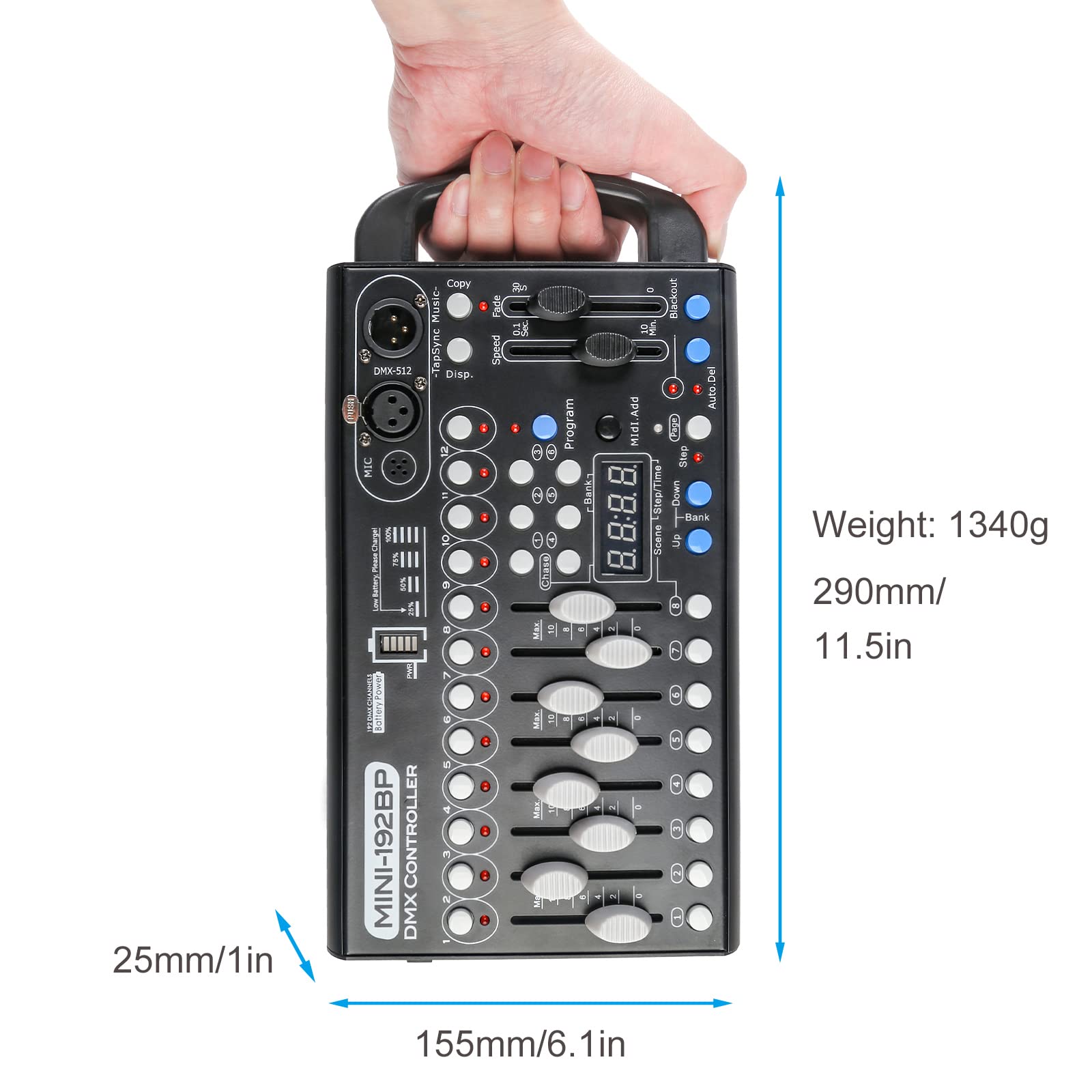 Dmx Controll Lichtmischpult Dmx Controller Eingebaute Batterie 192 Kanäle Dmx Konsole, Lichtmixer Dmx 512 Controller Musikgesteuert Akku Lichtpult Dmx Pult für Moving Head Partylicht Dmx Controler