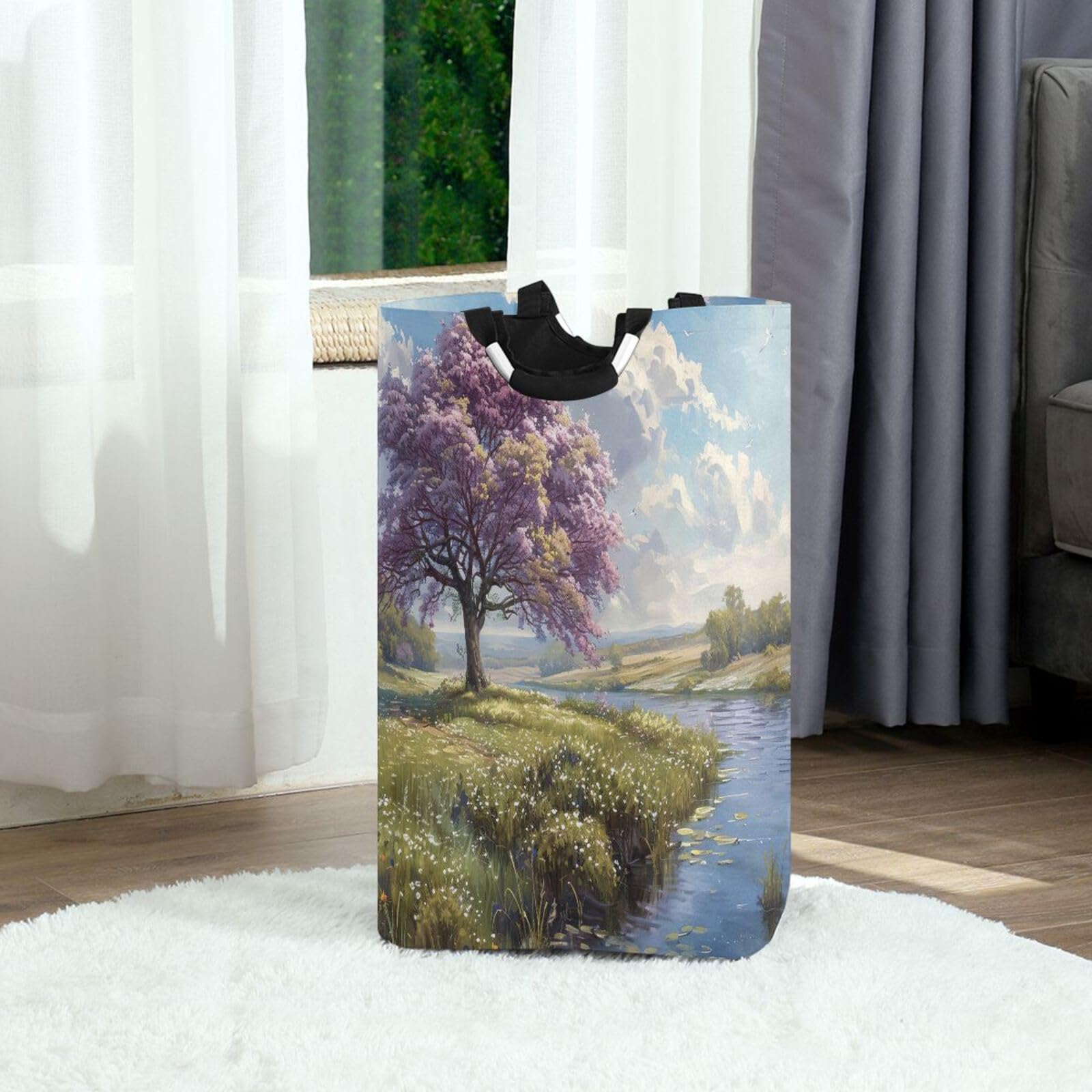 Jihqo Laundry Hamper Basket Tree River Landscape Collapsible Nursery Storage Bin Waterproof Clothing Baskets for Home Bedroom Bathroom Washing Room
