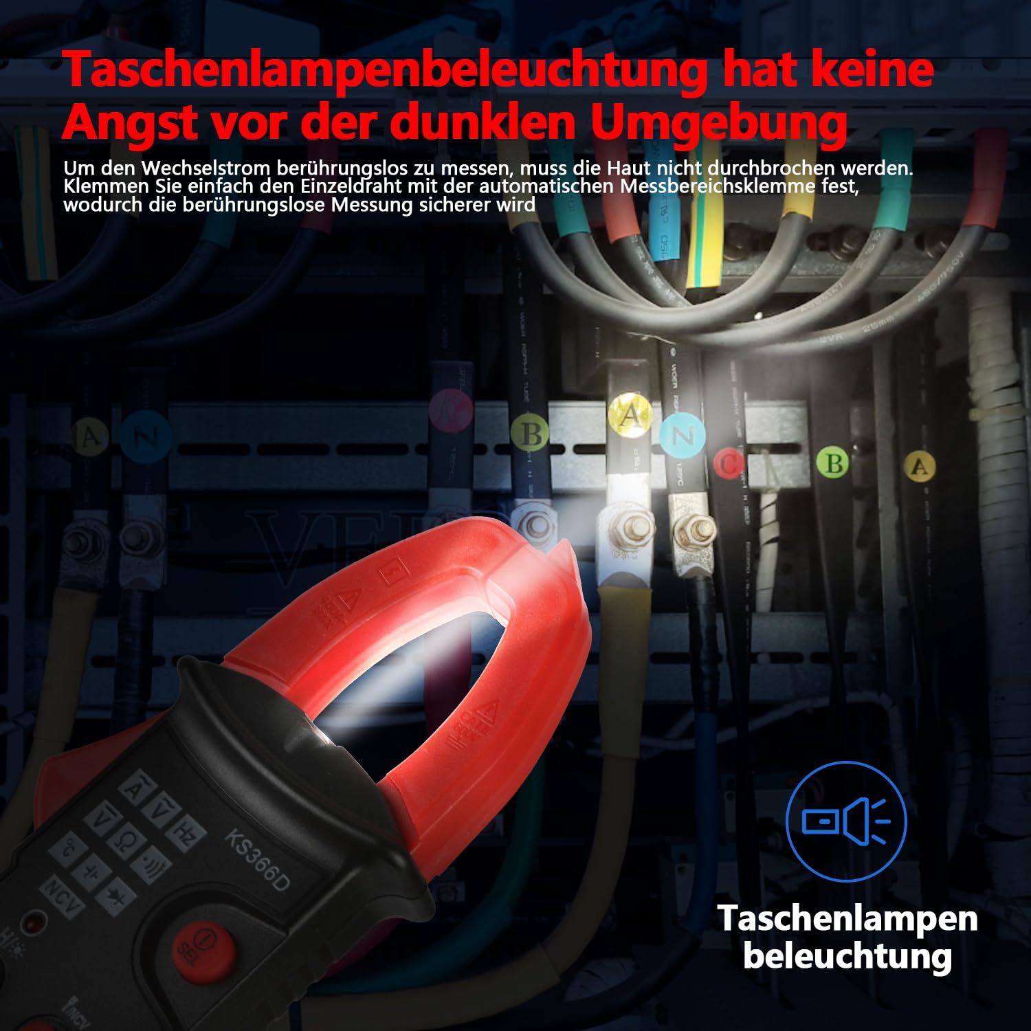 Stromzange, Strommesszange Digital Klemme AC/DC 600A, 6000 Counts TRMS Auto Range Multimeter, Amperemeter, Zangenamperemeter mit Taschenlampe Hintergrundbeleuchtung, NCV-Messung, Piepton-Erinnerung