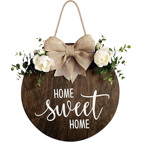Home Sweet Home Farmhouse Welcome Sign, Round Wood Hanging Door Decor with Ribbon Bow and Faux Greenery, Rustic Porch Wreath for Thanksgiving, Christmas, Brown Front Door Hanger
