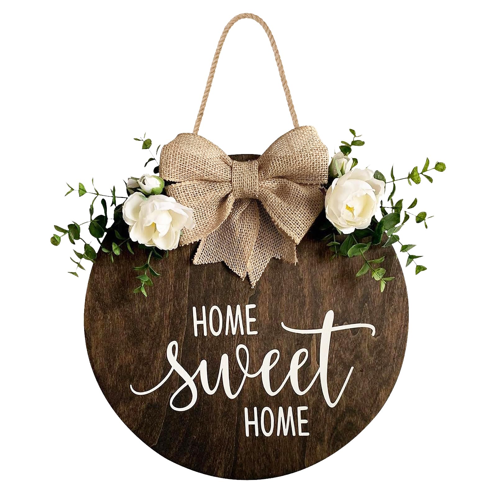 Welcome sign for front doorHome Sweet Wreaths Decor Sign Front Door, Round Wood Hanging Sign with Ribbon Bow and Artificial Green Leaves, Farmhouse Porch Decorations for Home Thanksgiving, front door Brown