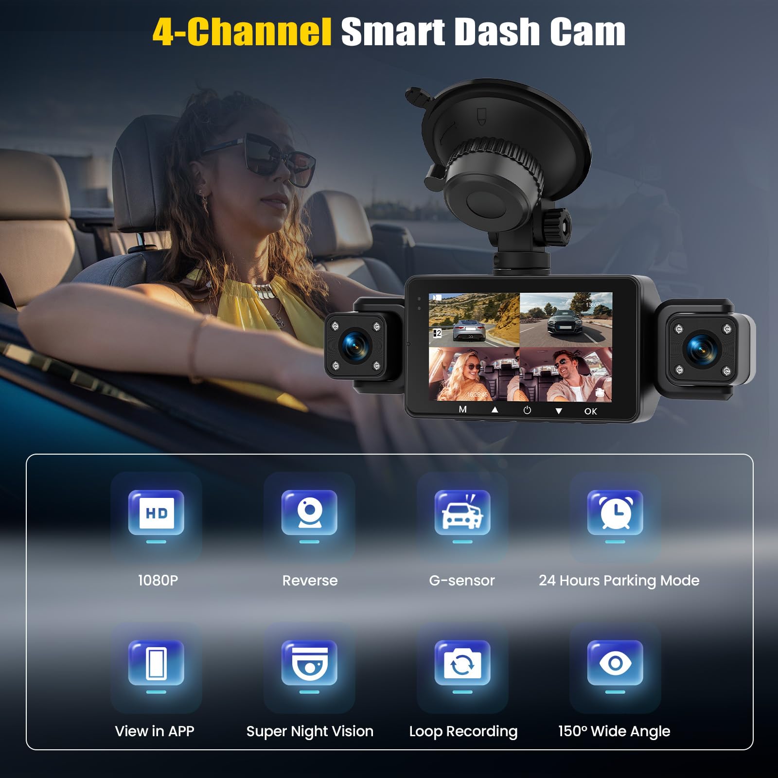 Dashcam 4 Canales Coche con App, 360° Delantera Trasera Interior Izquierda Derecha, Visión Nocturna, Grabación en Bucle, 24H Parking Monitor, Sensor G, Asistencia de Aparcamiento