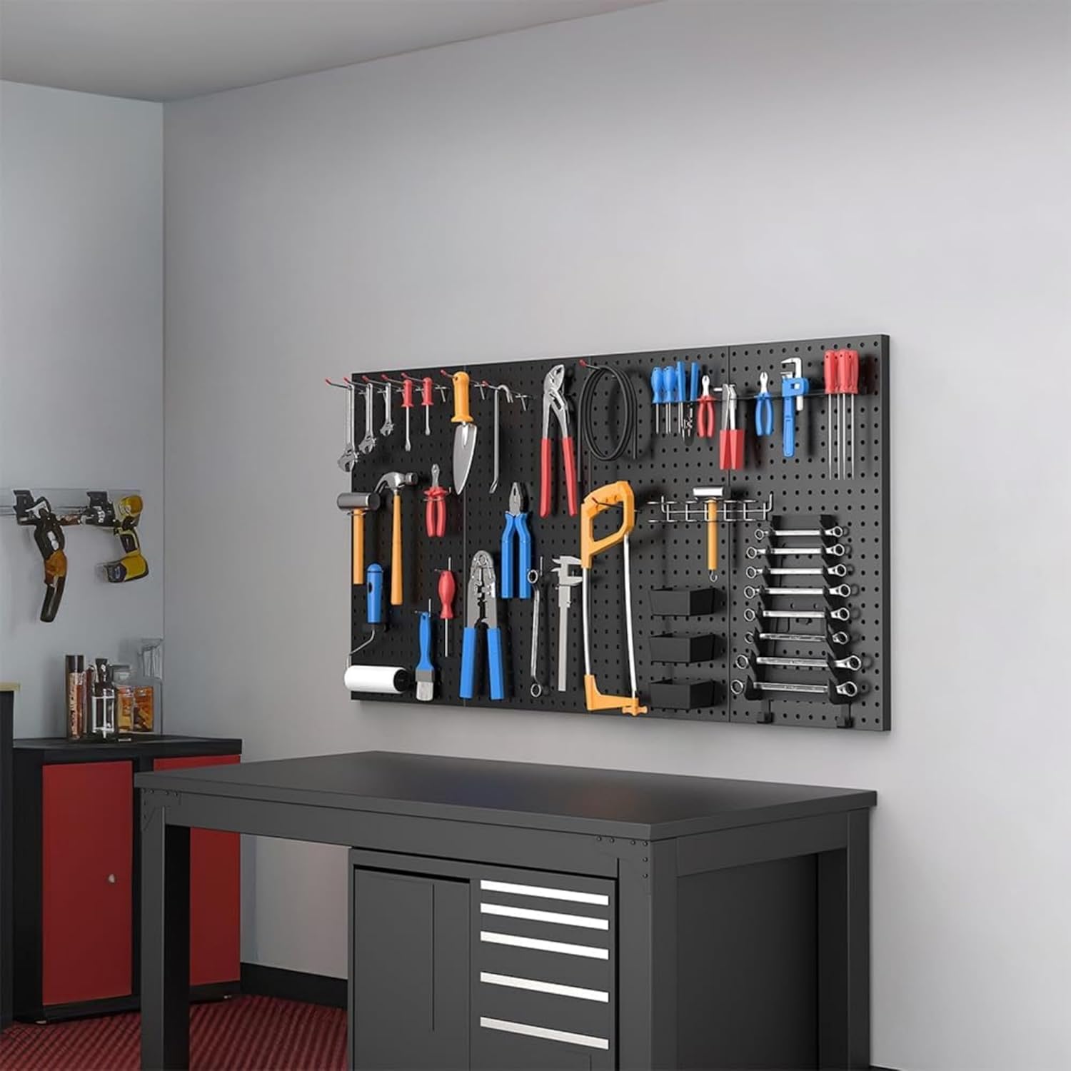 Ultrawall 4 Pcs Metal Pegboard Wall Panels and 64 Inches Adjustable Garage Organization Wall Mounted Storage System