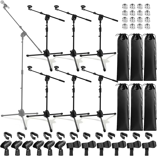 6 soportes universales para micrófono, trípode para piso, brazo de brazo, altura ajustable de 34 a 90.5 pulgadas, con bolsa de transporte y 12 clips