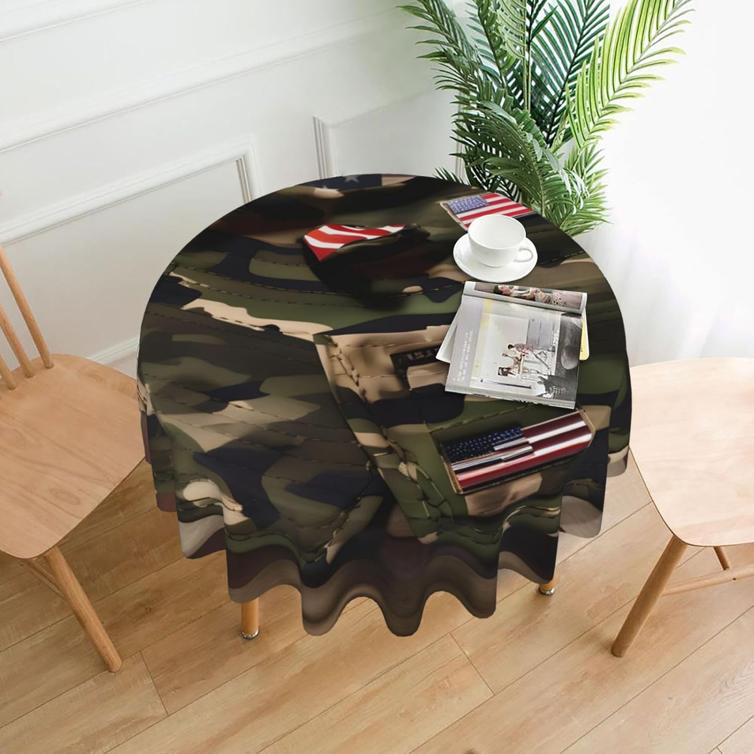 Camo American Flags Print Wrinkle Free Dining Table Cover for Birthday Party Farmhouse Tablecloths Up to 60 x 60 Inches