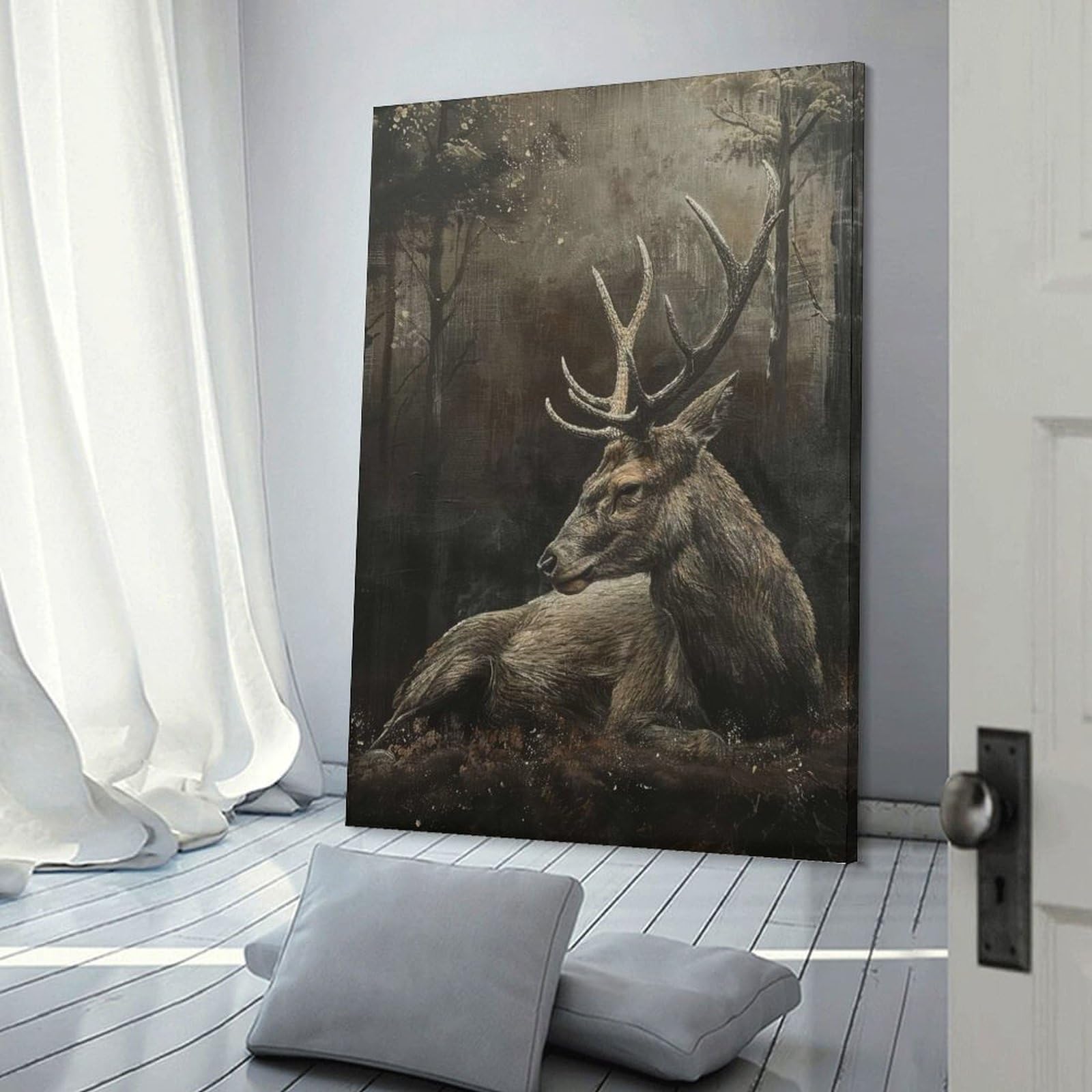 Junmoney Stag in Mystical Forest Decorative Wall Artwork, 24x36inch(60x90cm), for Home Lounge, Bedroom Or Reading Nook, Easy Decor for Gallery Walls