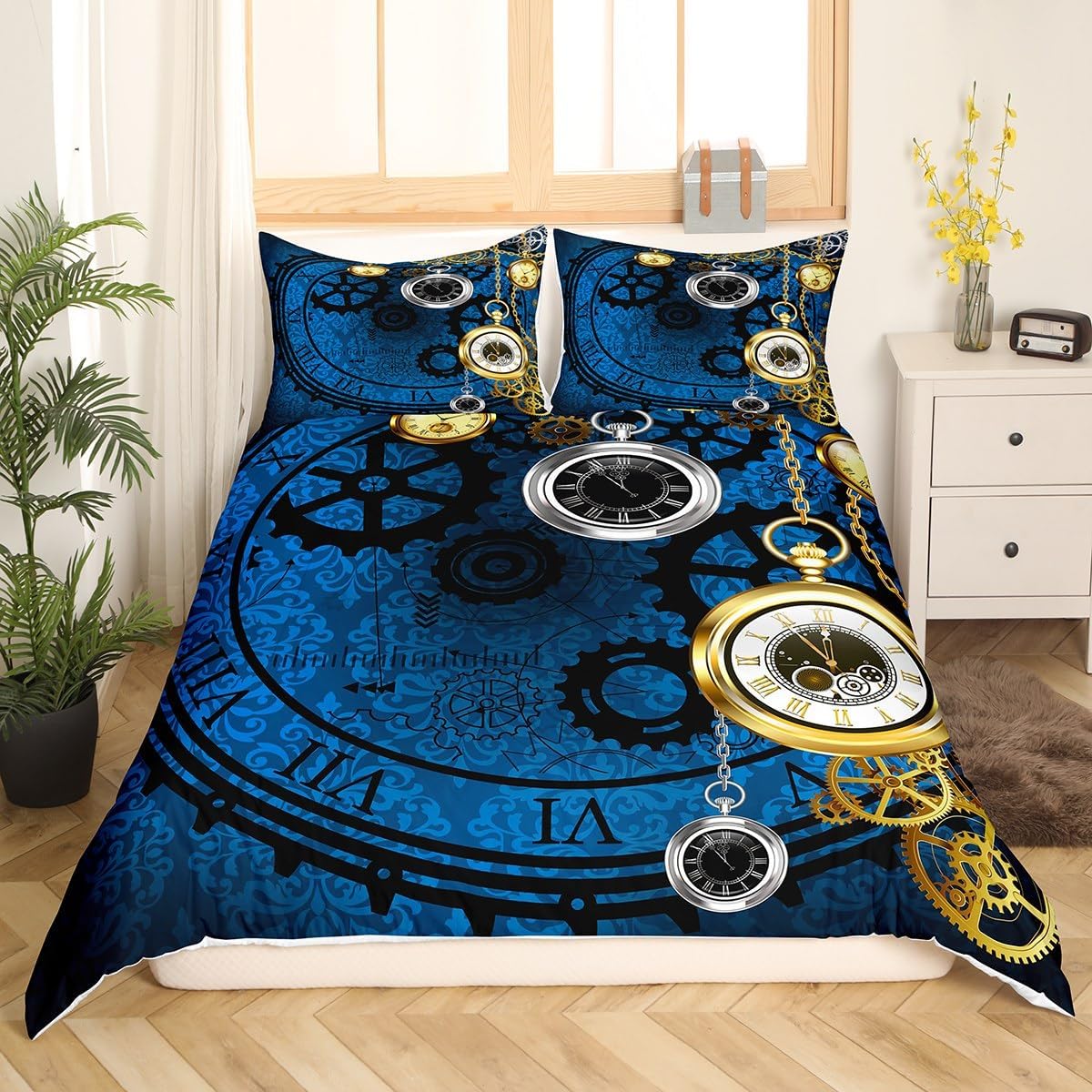 Erosebridal Clock Bedding Set, Steampunk Blue Watch Comforter Cover Vintage Watches with Roman Digits Antique Machine Time Duvet Cover with 1 Pillowcase, Twin Size