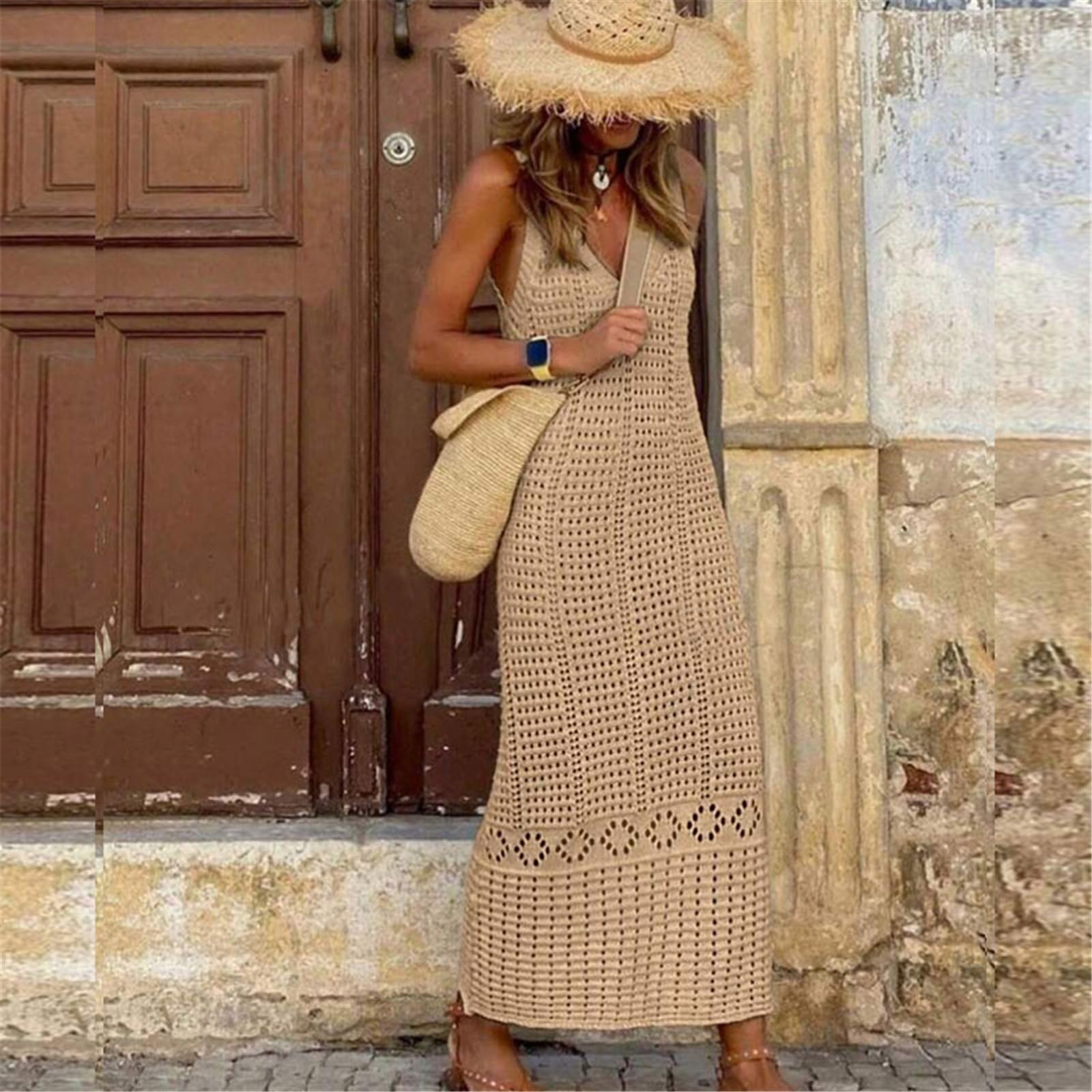 Elegante abito lungo in maglia scavata per costumi da bagno Beach Coverup Dress Comodo per feste in piscina e vacanze al mare