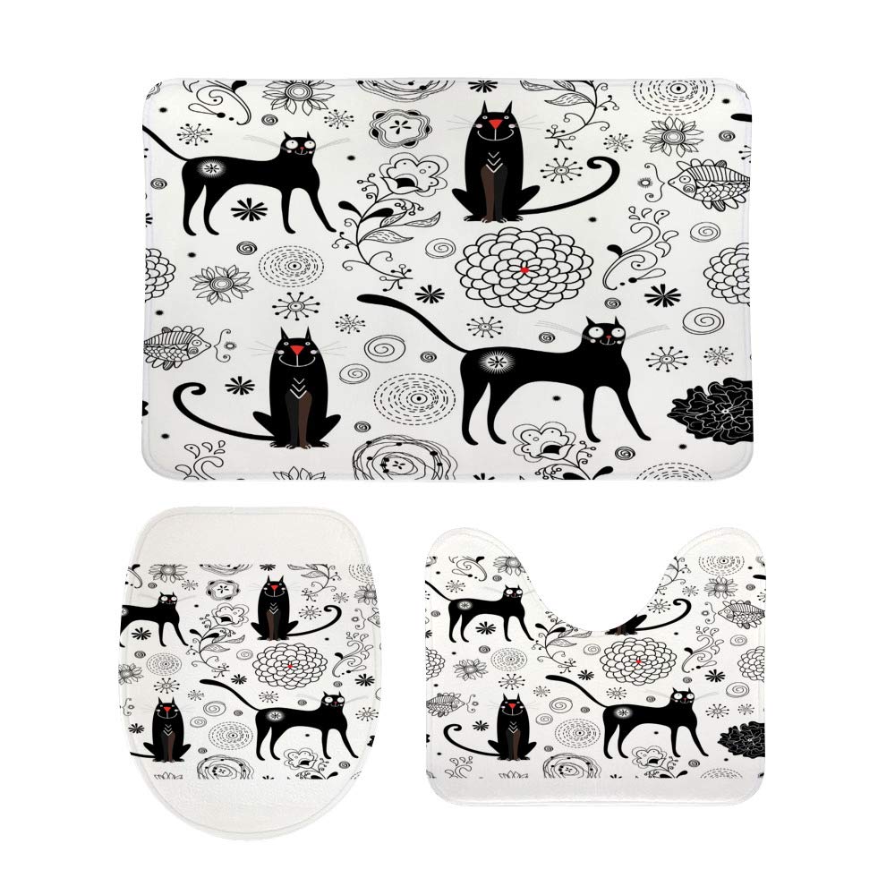 Tapis de salle de bain haut de gamme motif chat noir, ensemble 3 pièces lavable