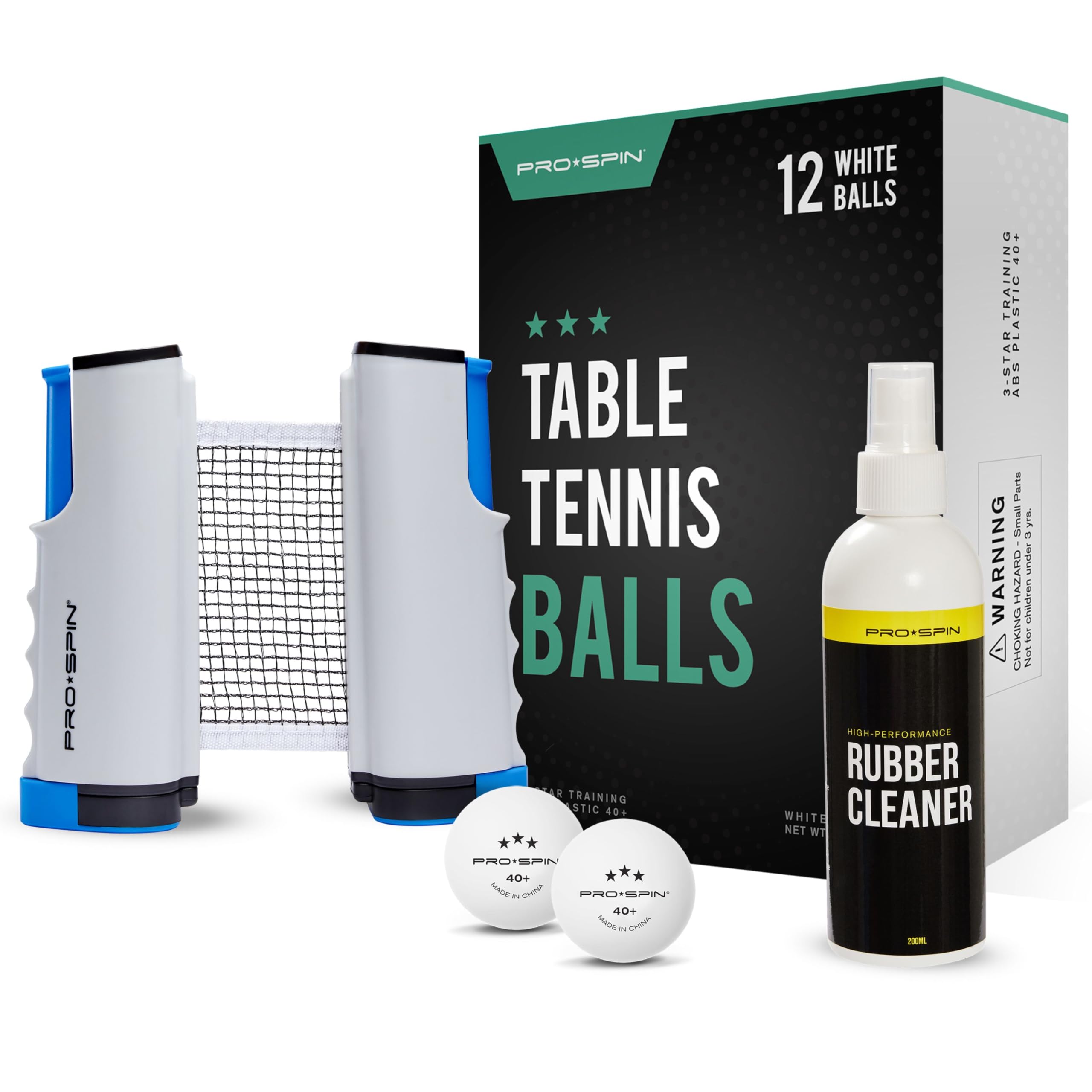 PRO-SPIN Ping Pong Accesory Bundle – Retractable Ping Pong Net, 12 High-Performance Ping Pong Balls & Table Tennis Rubber Cleaner – Durable 40+ ABS Balls, Portable Net, 200ml Cleaner Kit
