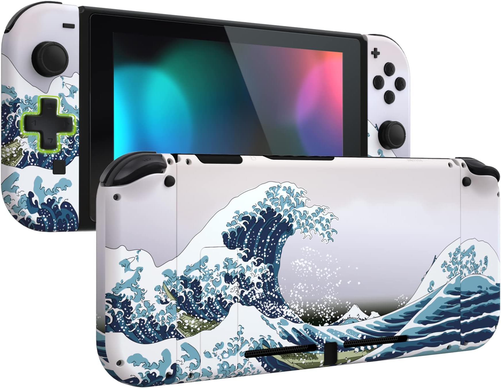 eXtremeRate Dpad Version Custom Full Set Shell for Nintendo Switch, Soft Touch Grip Replacement Console Back Plate, NS Joycon Handheld Controller Housing & Buttons for Nintendo Switch - The Great Wave