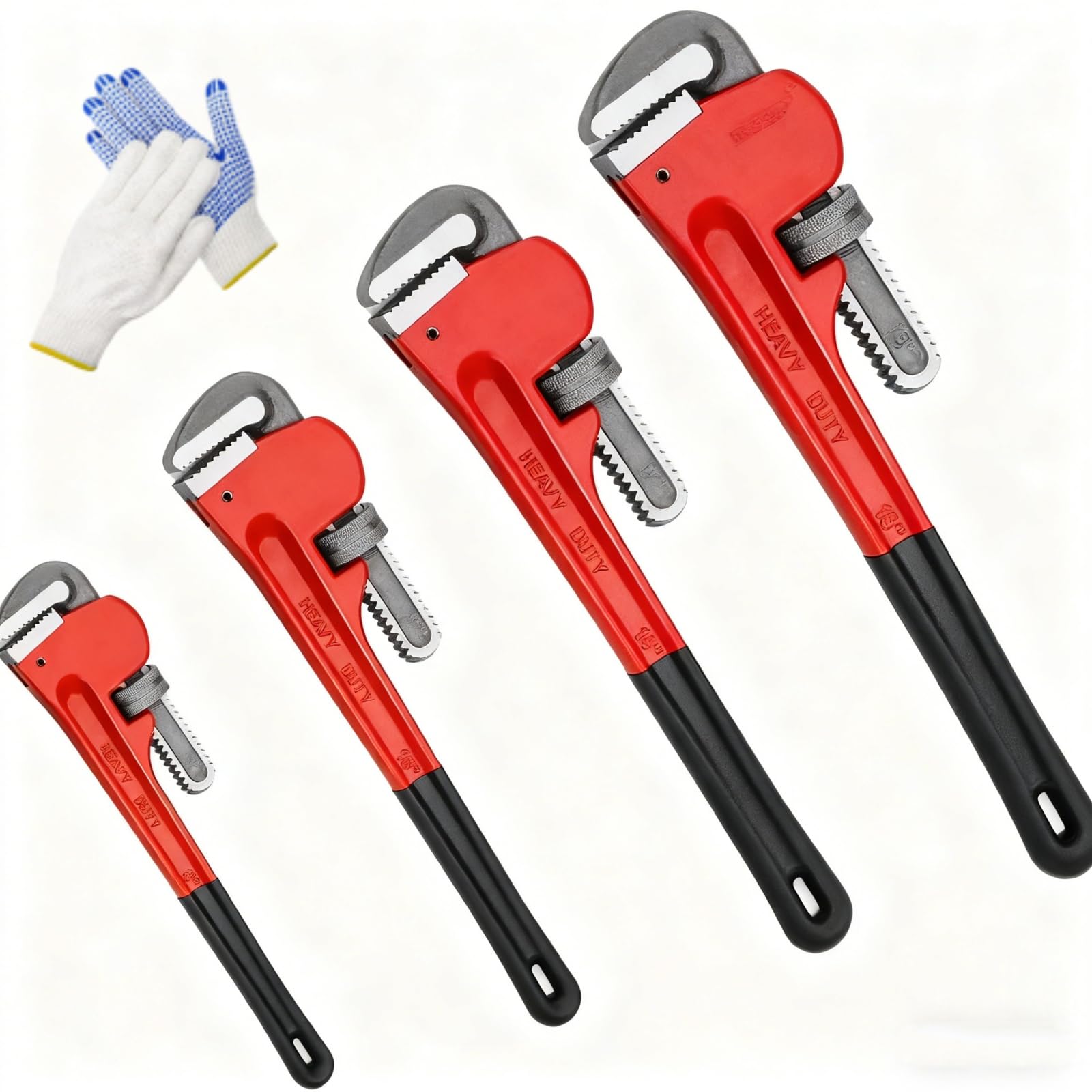 Juego de 4 llaves de tubo de 8, 10, 14 y 18 pulgadas, llave recta de hierro fundido ajustable con guantes, herramientas manuales resistentes para campo petrolero, fontanería, reparación de