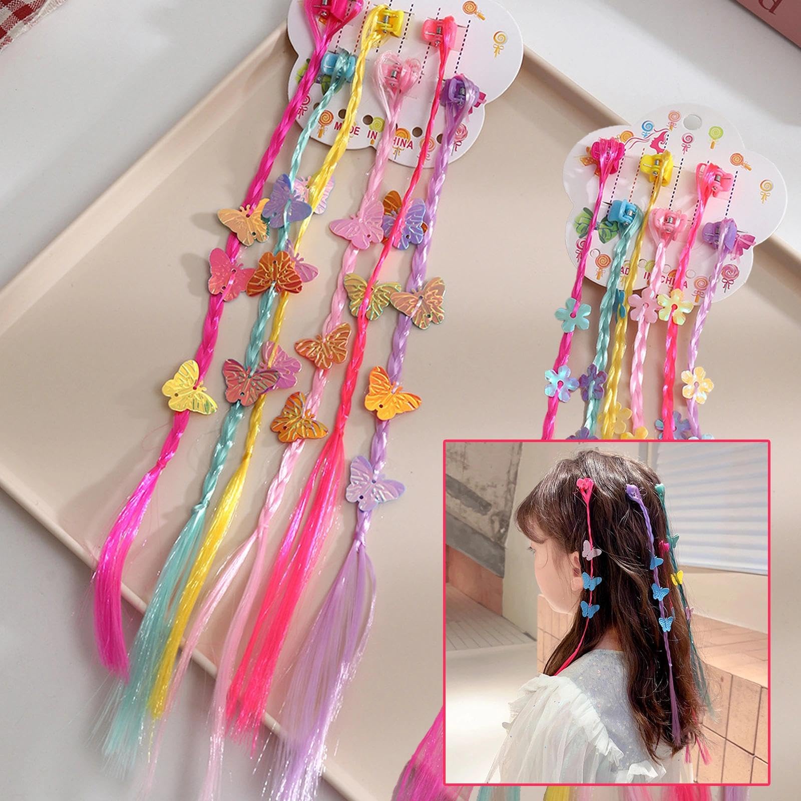 48PCS Colourful Clip-in Hair Extensions for Girls, Rainbow Hair Braiding Kit with Styling Clips & Accessories - Image 2