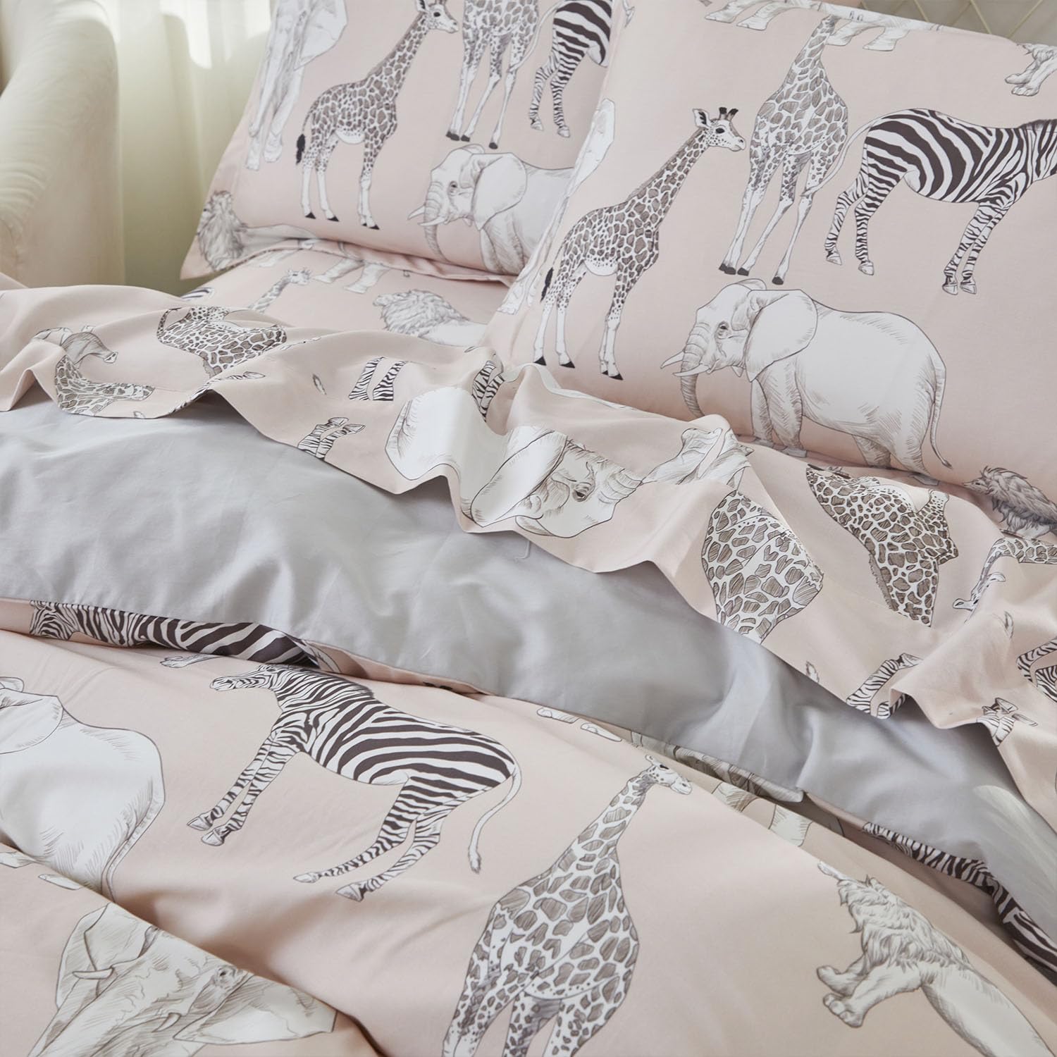 Brandream Kid's Duvet Cover Full Size 100% Percale Cotton 3pcs Boys Girl Bedding Duvet Cover Shams Set, Delicate Ruffle Fringe Soft Breathable (Blush Jungle Safari Animals)