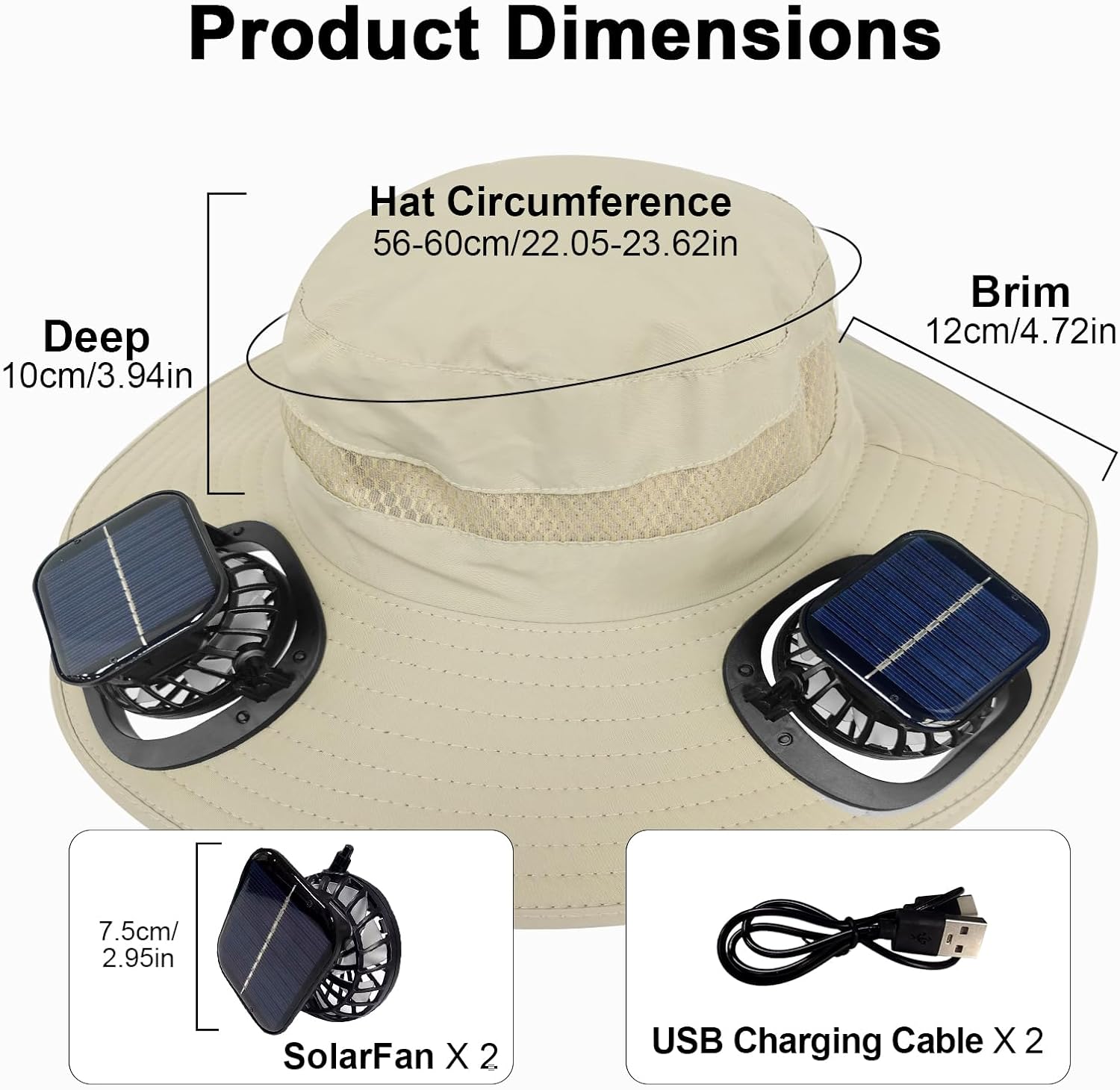 Solar Fan Hat for Men Women, Sun Hat with Fan UPF 50+ Fishing Hats with 2 Solar Fan Built in Breathable Bucket Fan Hat for Outdoor, Hiking, Camping, Beach, Khaki