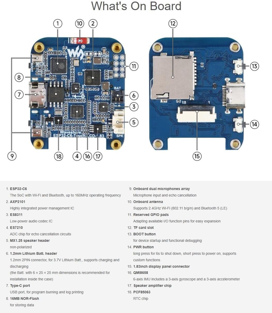 ESP32-C6 1.8インチタッチディスプレイ開発ボード、240&times;284、オンボードオーディオコーデックチップ、内蔵マイクとスピー