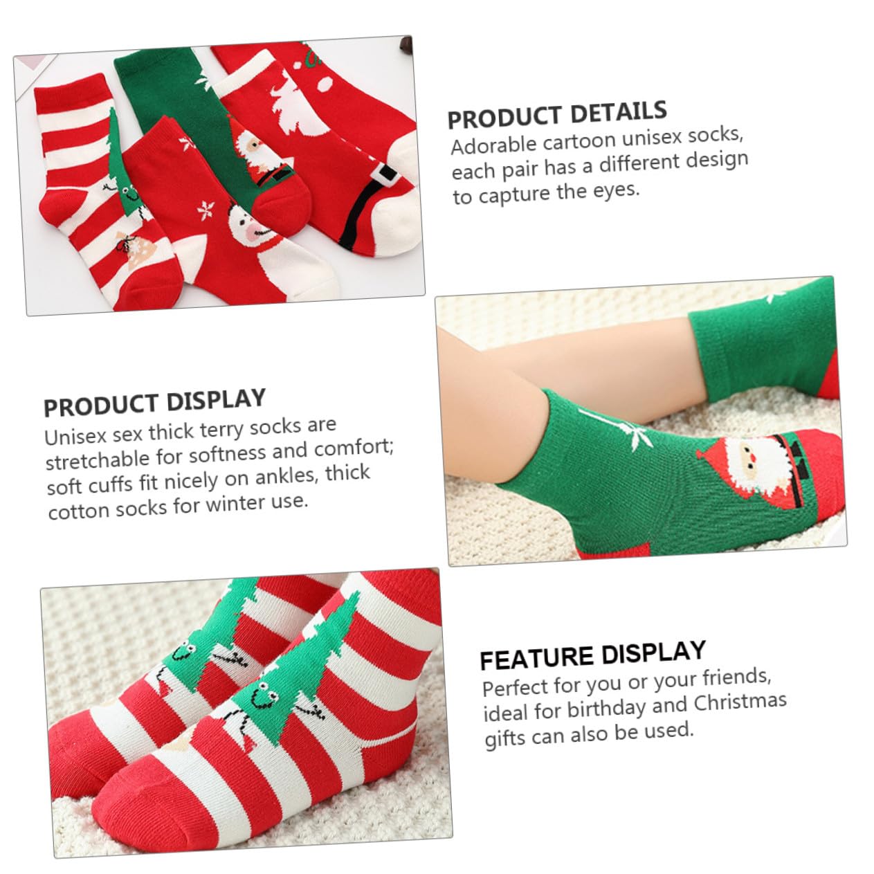 5paia Calze di Natale Calde Calze Medie Cotone Cartoni Animati Adatte per Autunno e Inverno