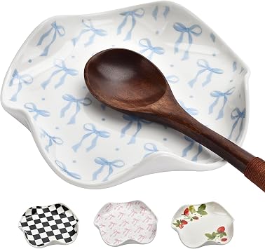 Spoon Rest for Kitchen Counter,Cooking Spoon Holder for Stove Top,Large Utensil Spatula Rest Tray, Cute Kitchen Decor Housewarmings Christmas Gift Blue Bow