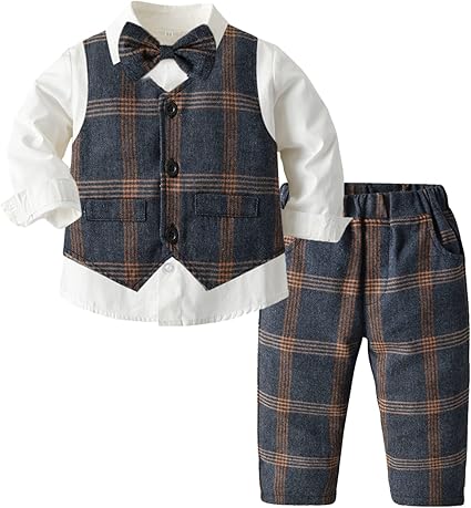 Yaopelky Baby Jongen Formele Pak Set Peuter Gentleman Outfit Vest Suits met Strik Jurk Shirt Broek Jongens Bruiloft Outfits, Lichtblauw, 4 jaar