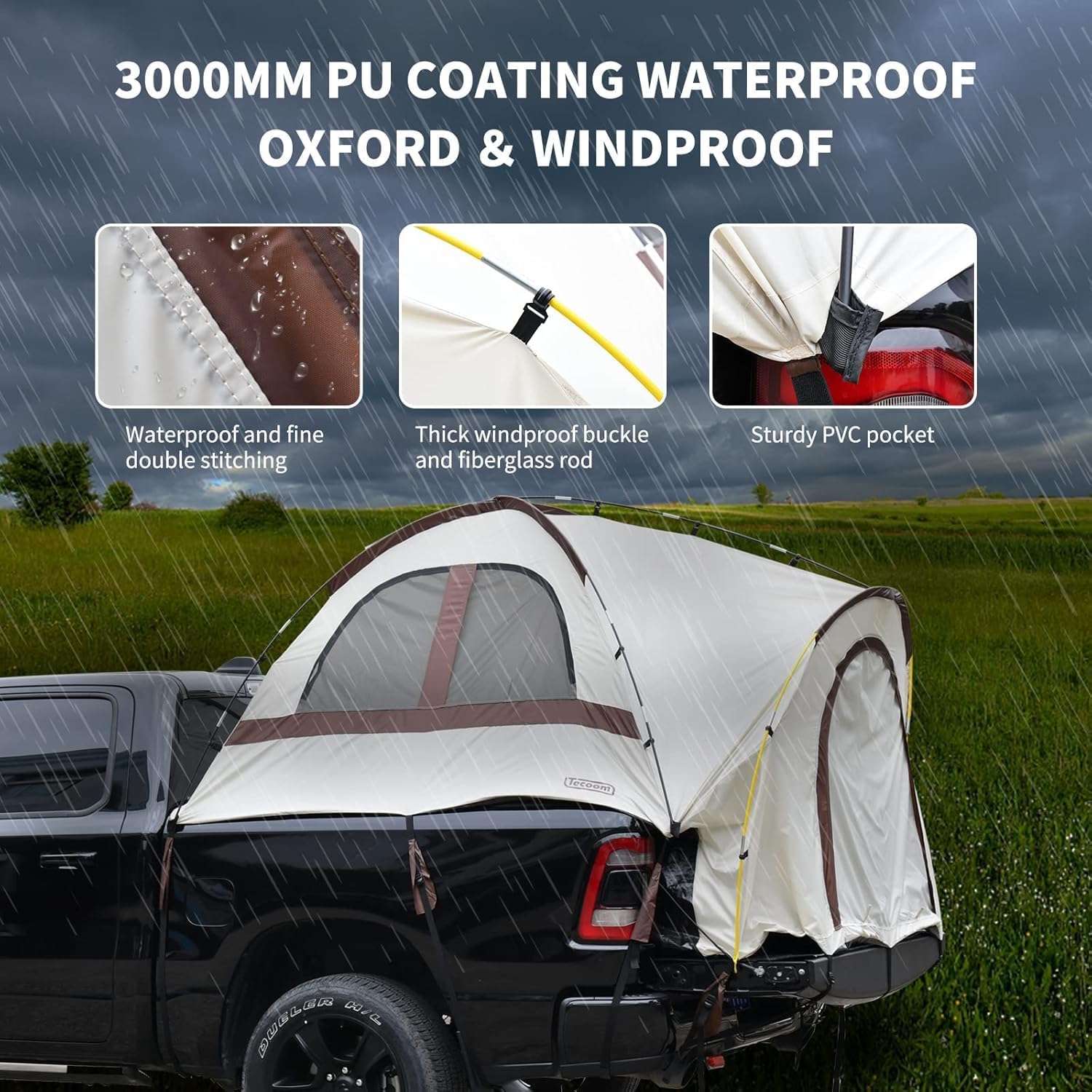 Tecoom Truck Bed Tent, Double Layer Waterproof PU3000mm for 5.5-6.7ft, Portable 2/3 Person Compact Full Size Pickup with Rain Fly for Back of Camping Beach