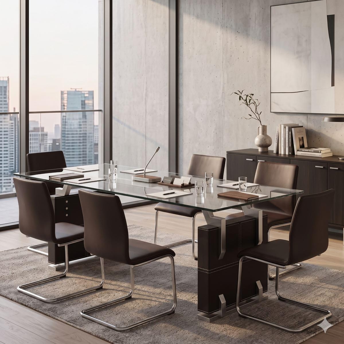 Jet-Line Besprechungstisch Verona Konferenztisch 240 x 120 x 76 cm Schwarz mit Glasplatte aus Sicherheitsglas Kunstlederüberzug Edelstahl Gebürstet