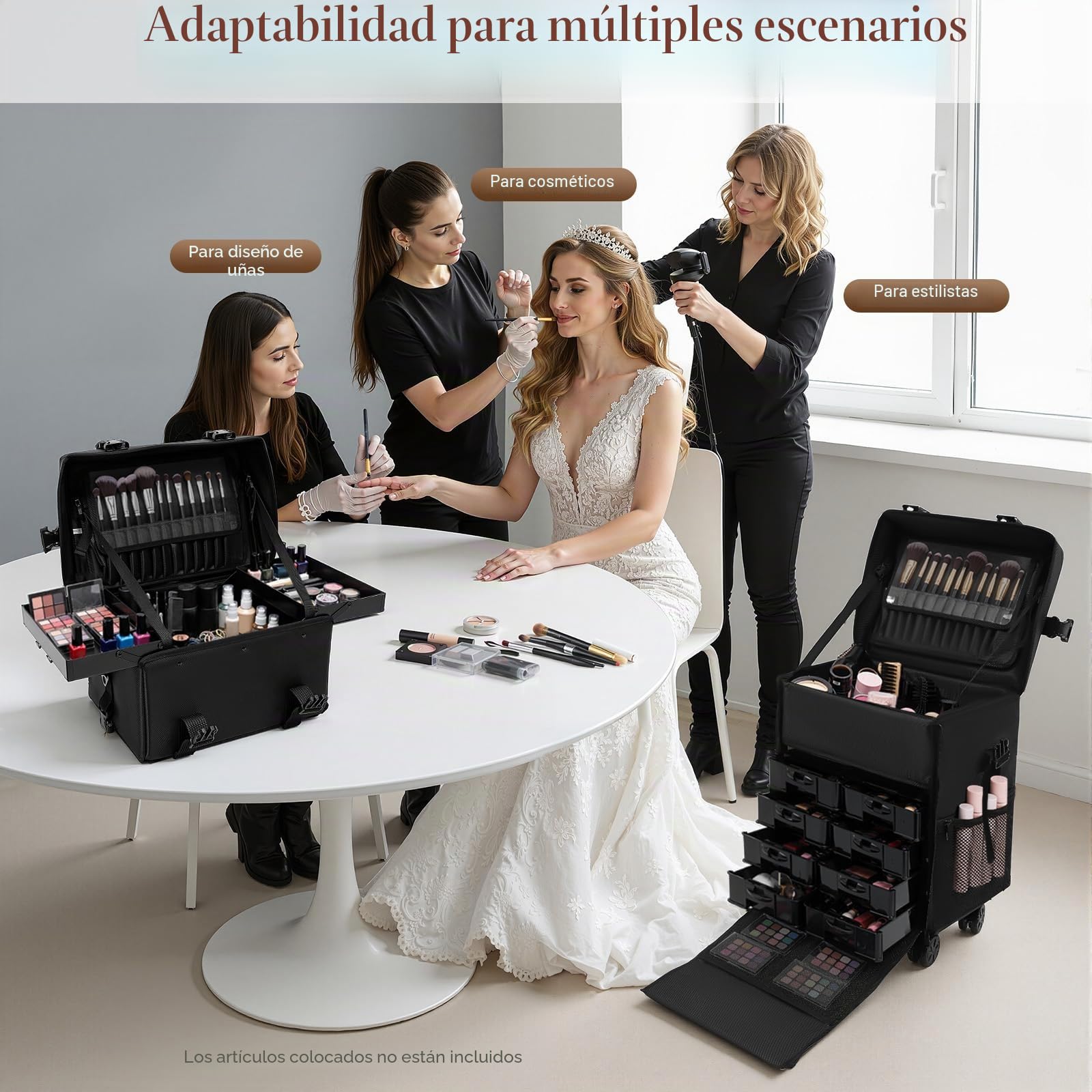 MINRS Maletín de cosméticos 2 en 1 con ruedas giratorias 360°, maletín de maquillaje, maletín de uñas, maletín de peluquería grande para peluqueros, maquilladores y manicura (negro)