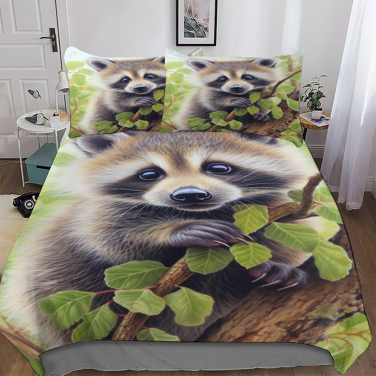 AASWDDS Raccoon 3D Duvet Cover Bedding Set with Pillowcases Soft Quilt Cover 2 PCs for Kids Adult Microfiber Comforter Cover Single(135x200cm)