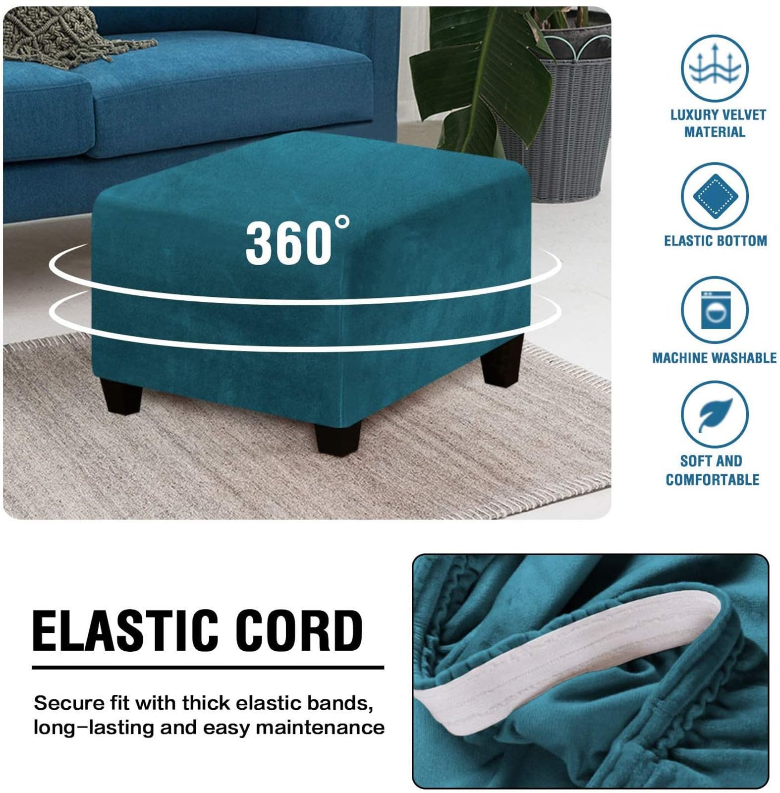 WJHDWYD Velluto Copri Pouf Rettangolare,Elasticizzato Copri Poggiapiedi Quadrato Pieghevole Morbido Copertura Dell'Ottomano Antiscivolo Lavabile Sofa Protettore Per Soggiorno(Blu-b,Grande