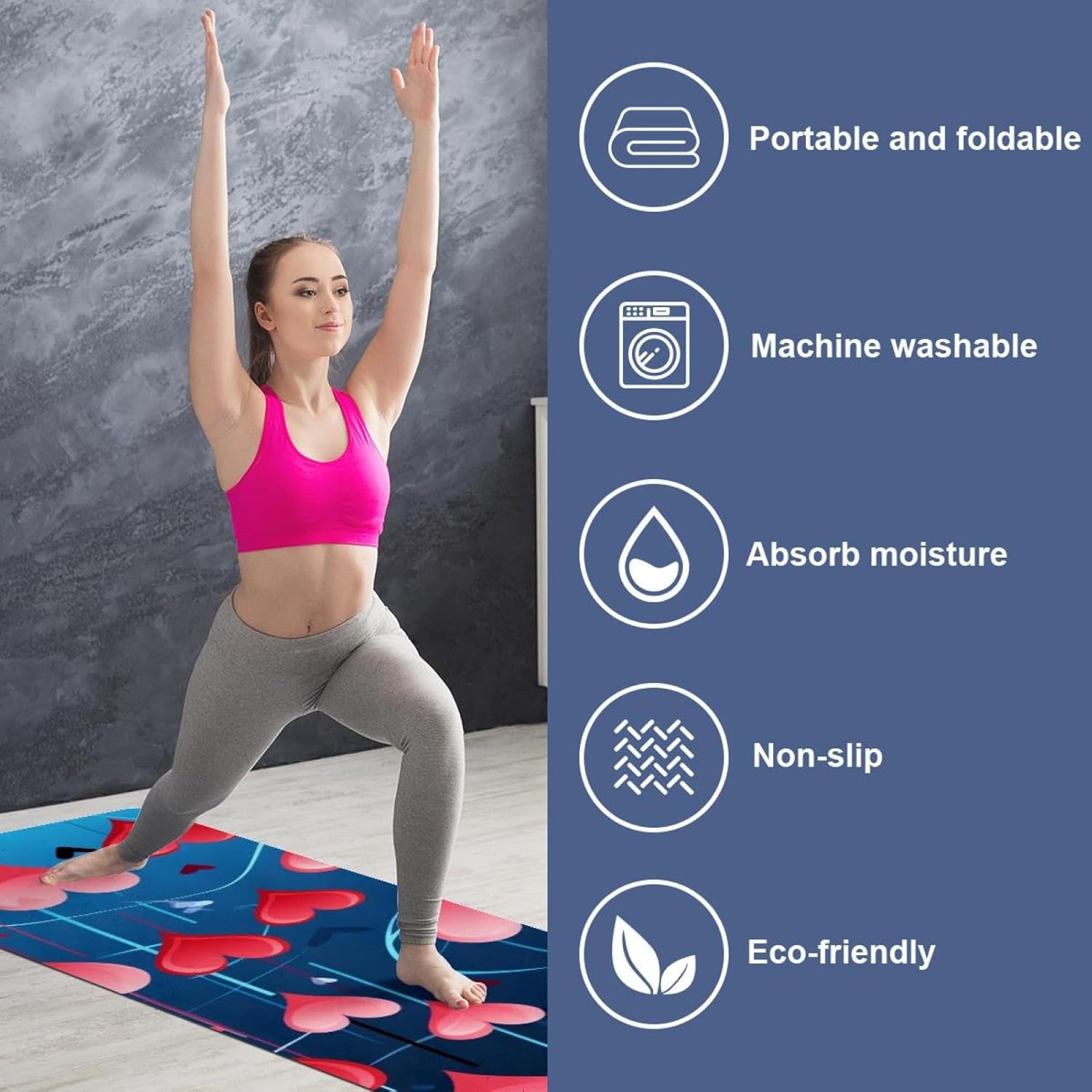Yoga Towel, Love Heart Pattern Non Slip Sweat Absorbent Hot Yoga Mat Towel for Hot Yoga, Pilates and Fitness - 72.8" x 26.8"